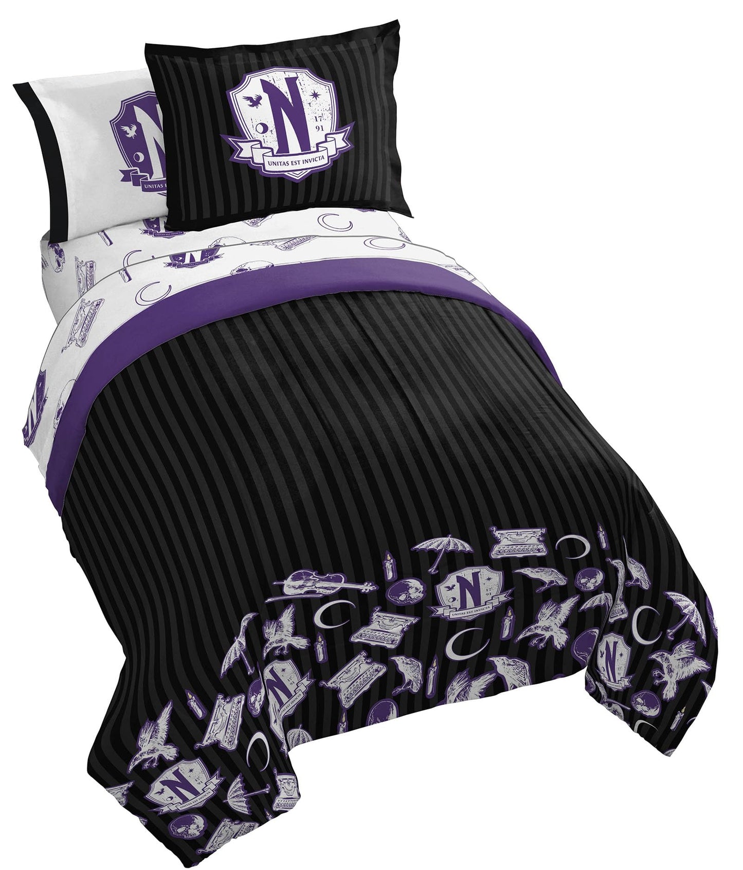 Jay Franco Wednesday Addams Twin Comforter Set 5 Piece Bedding Includes Sheet Set & Pillow Covers - Black and Grey Stripes Super Soft Kids Bedding