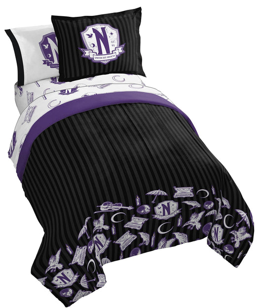 Jay Franco Wednesday Addams Twin Comforter Set 5 Piece Bedding Includes Sheet Set & Pillow Covers - Black and Grey Stripes Super Soft Kids Bedding