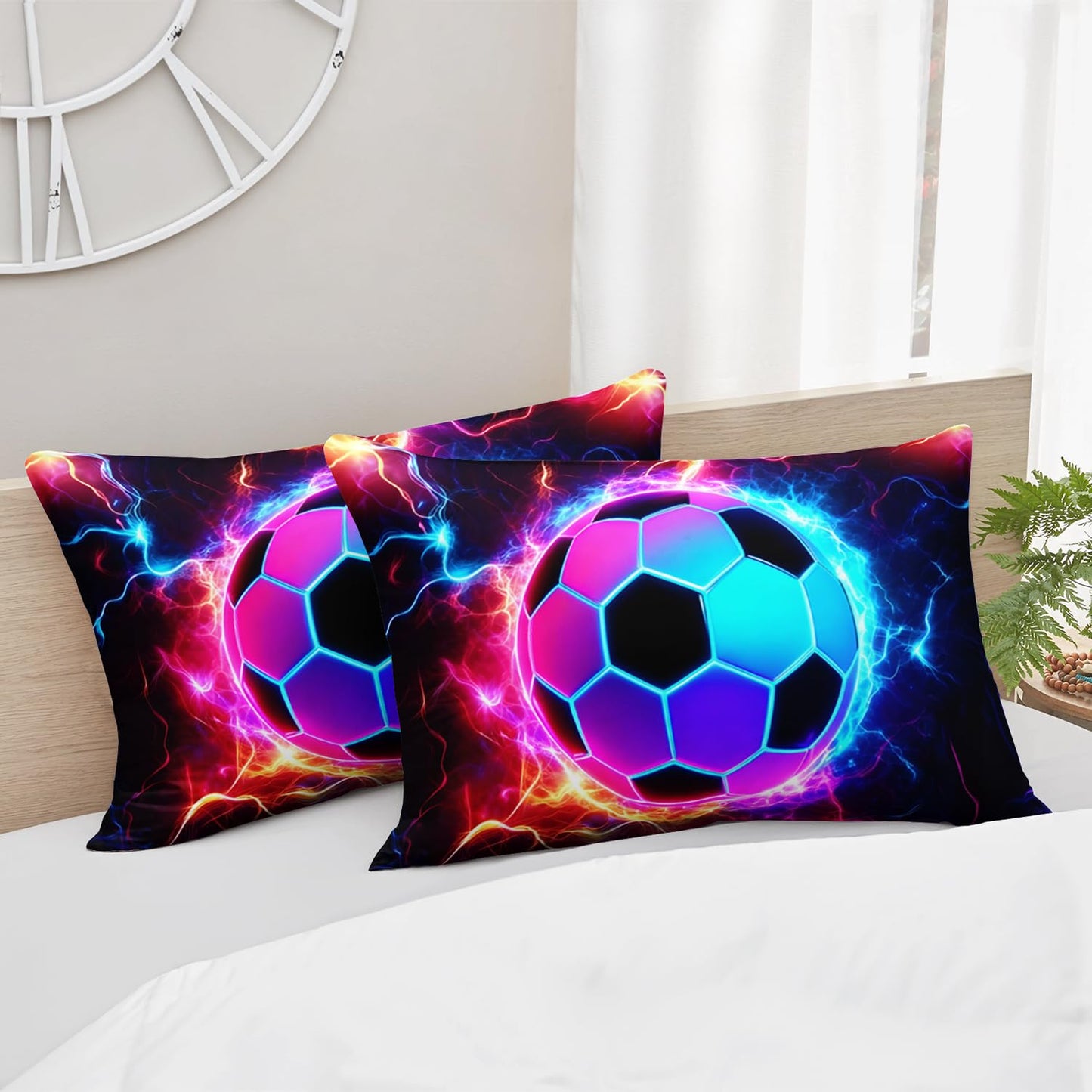 HOSIMA Soccer Fitted Sheet Full for Kids,Football Wrapped in Lightning Print Sports Bedding for Boys Room Decor,Neon Lightning Pattern Soccer Bedding,1 Fitted Sheet+2 Pillowcases.
