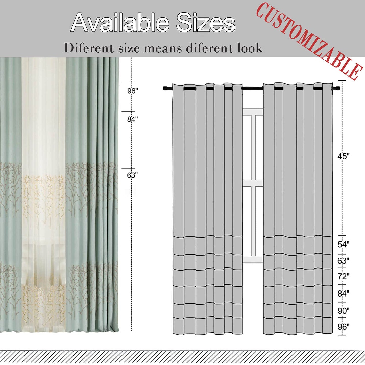 VOGOL Faux Linen Branch Embroidered Grommet Curtains, 2 Panels, 52 x 84