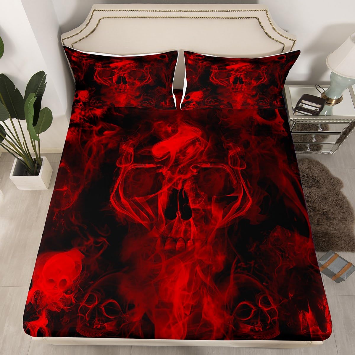 Gothic Skull Bed Sheets Red and Black Skeleton Sheet Set King for Boys Teens Men Women,Psychedelic Goth Skull Bedding Set Trippy Smoke Halloween Fitted Sheet + Horror Flat Sheet + 2 Pillow Cases
