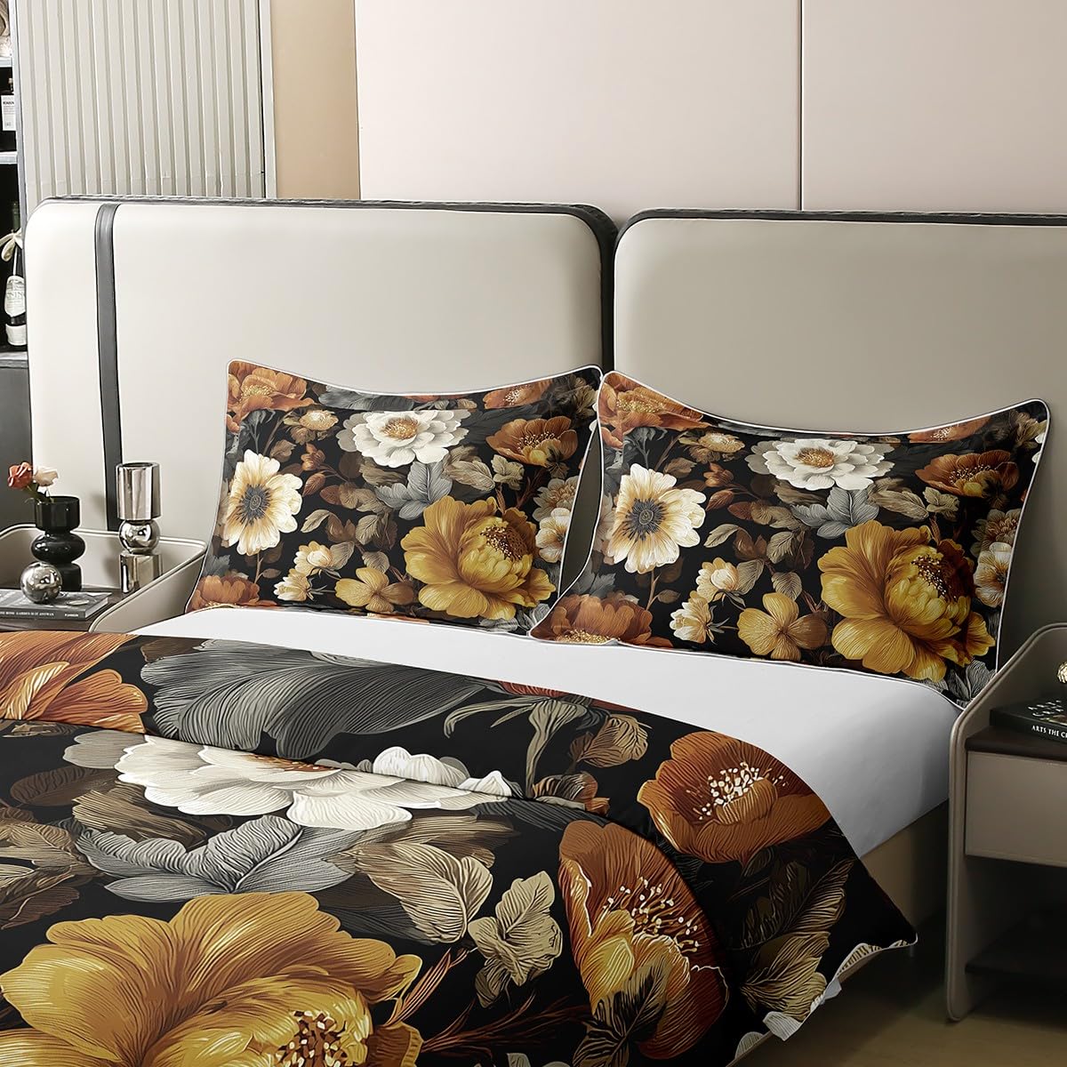 Erosebridal Mid Century Full 100% Cotton Duvet Cover, Abstract Boho Floral Bedding Set for Women Men Adults Kids, Colourful Tropical Leaves Comforter Cover, Chic Modern Flower Black Bedclothes