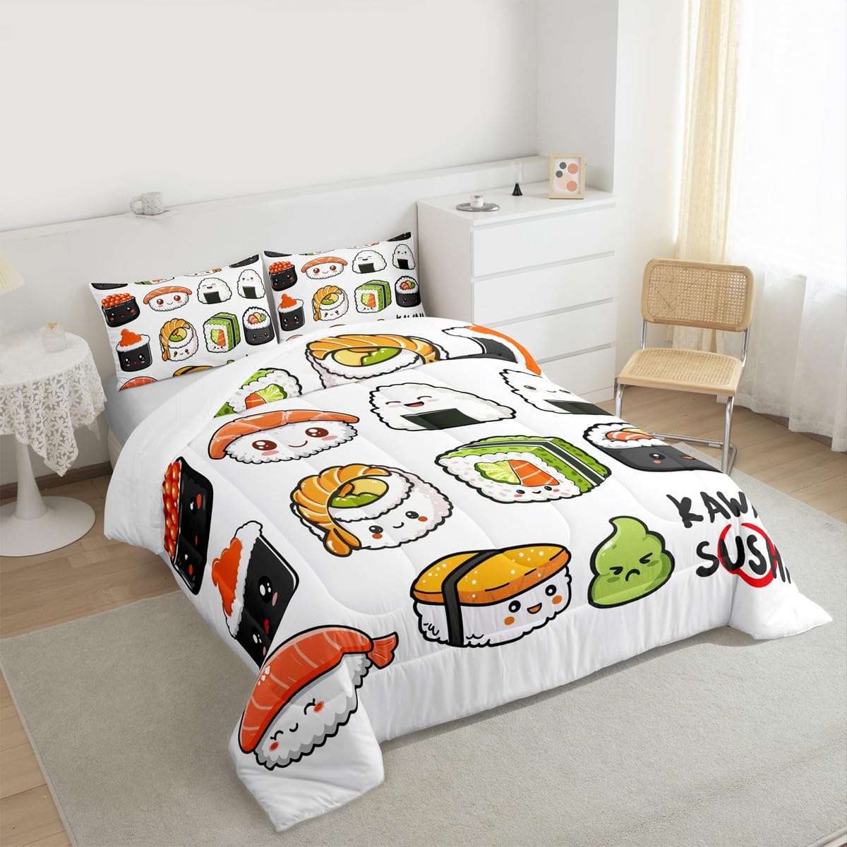 Erosebridal Sushi Pattern Comforter Set Queen, Japanese Style Down Comforter, Food Theme Quilted Duvet for Kids Boys Girls Teens, Cute Cartoon Japanese Sushi Quilt Set Room Decorative