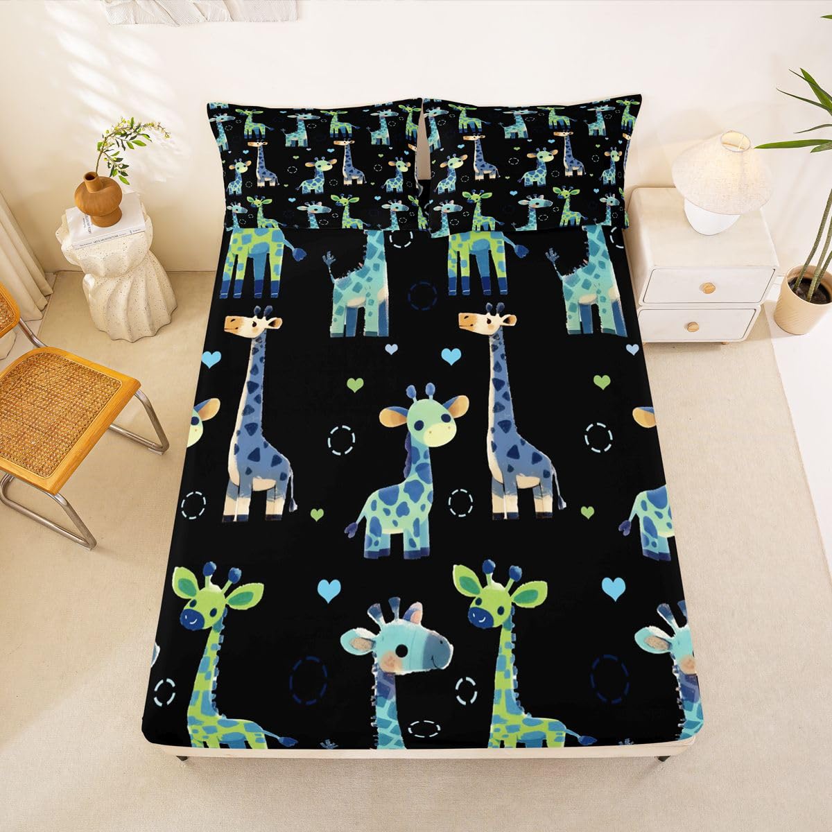 Erosebridal Giraffe Bed Sheets Full Black and Green Sheet Set for Kids Boys Girls Cartoon Kawaii Sheets Geometric Circle Wild Animal Flat Fitted Sheet 3 Pcs