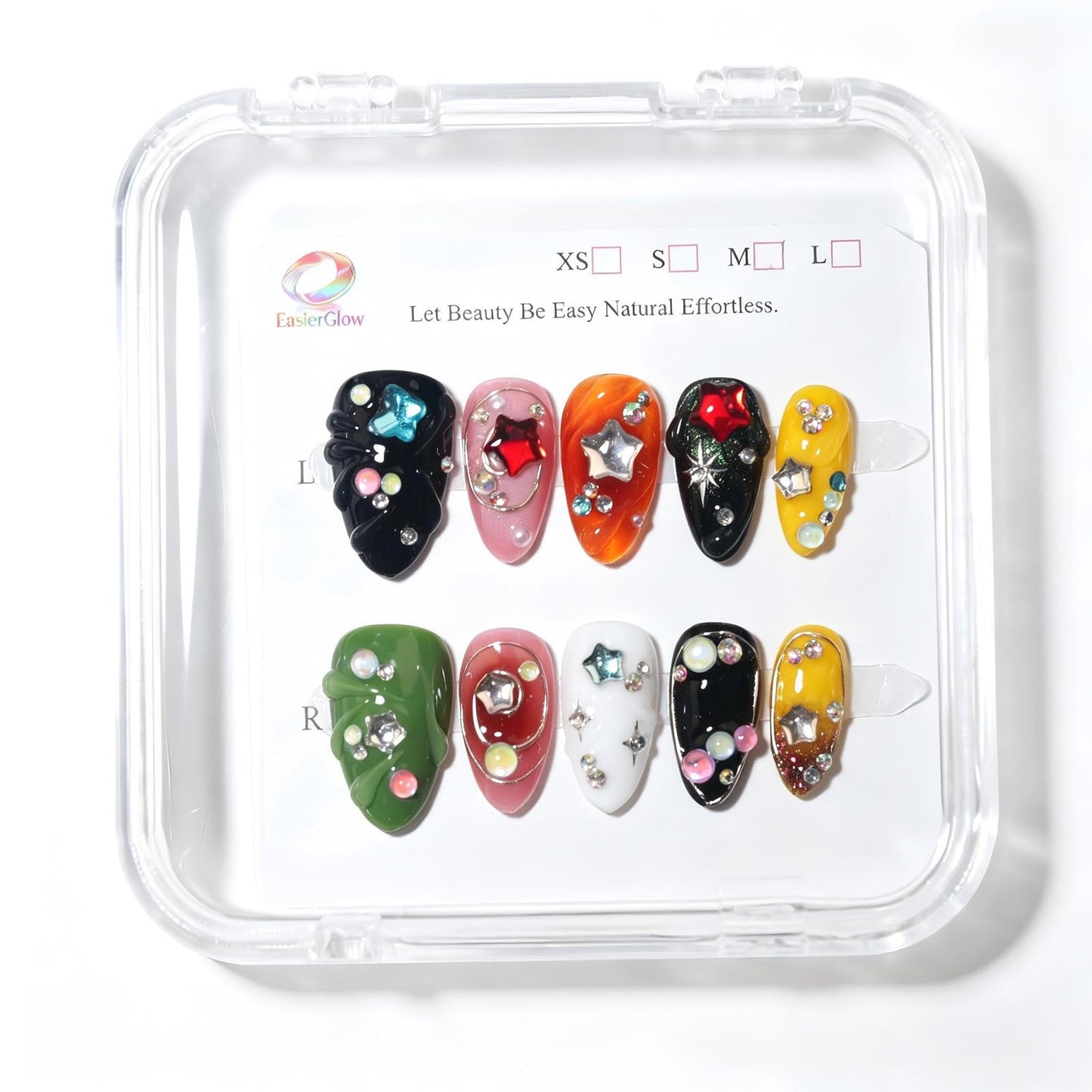 EasierGlow 10 Pcs Handmade Short Almond Press On Nails - Easy Apply & Remove, Reusable & Salon Quality | Y2K Gothic Multicolor Fake Nails with 3D Star, Gemstone & Swirl Sculpted Accents (EG01, S)