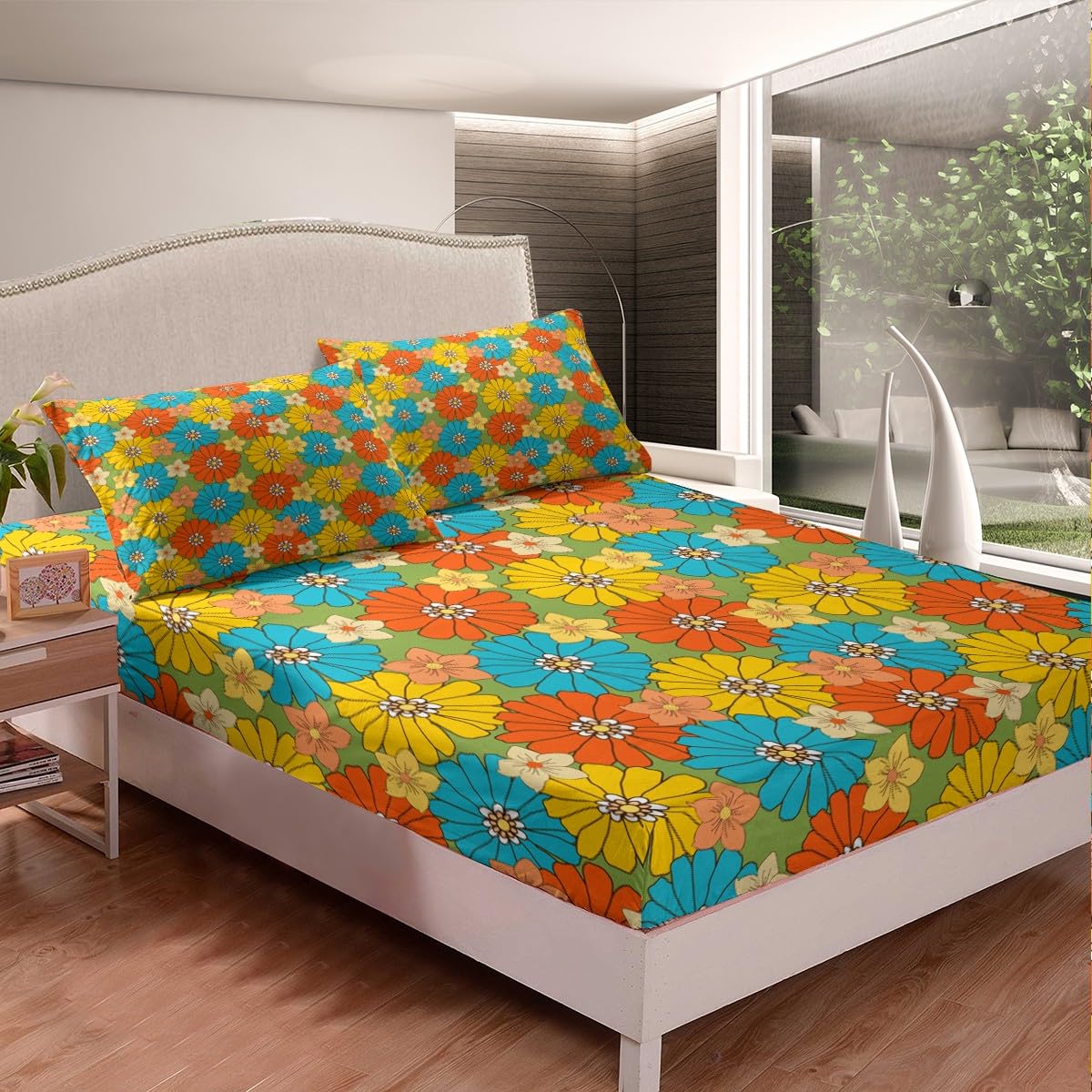 Erosebridal 60S 70S Hippie Bed Sheets Full Retro Groovy Flowers Bedding Set Abstract Vintage Floral Sheet Set for Kids Girls Teen,Boho Natural Botanical Fitted Sheet + Flat Sheet + 2 Pillow Cases