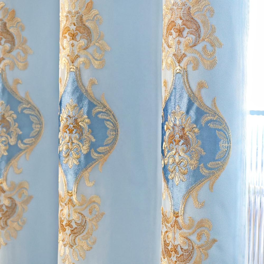 Amidoudou 1 Pair European Double Layer Curtains with Sheer Curtains for Living Room Bedroom Luxury Embroidered Blackout Curtains (Blue,52x84 Inch)