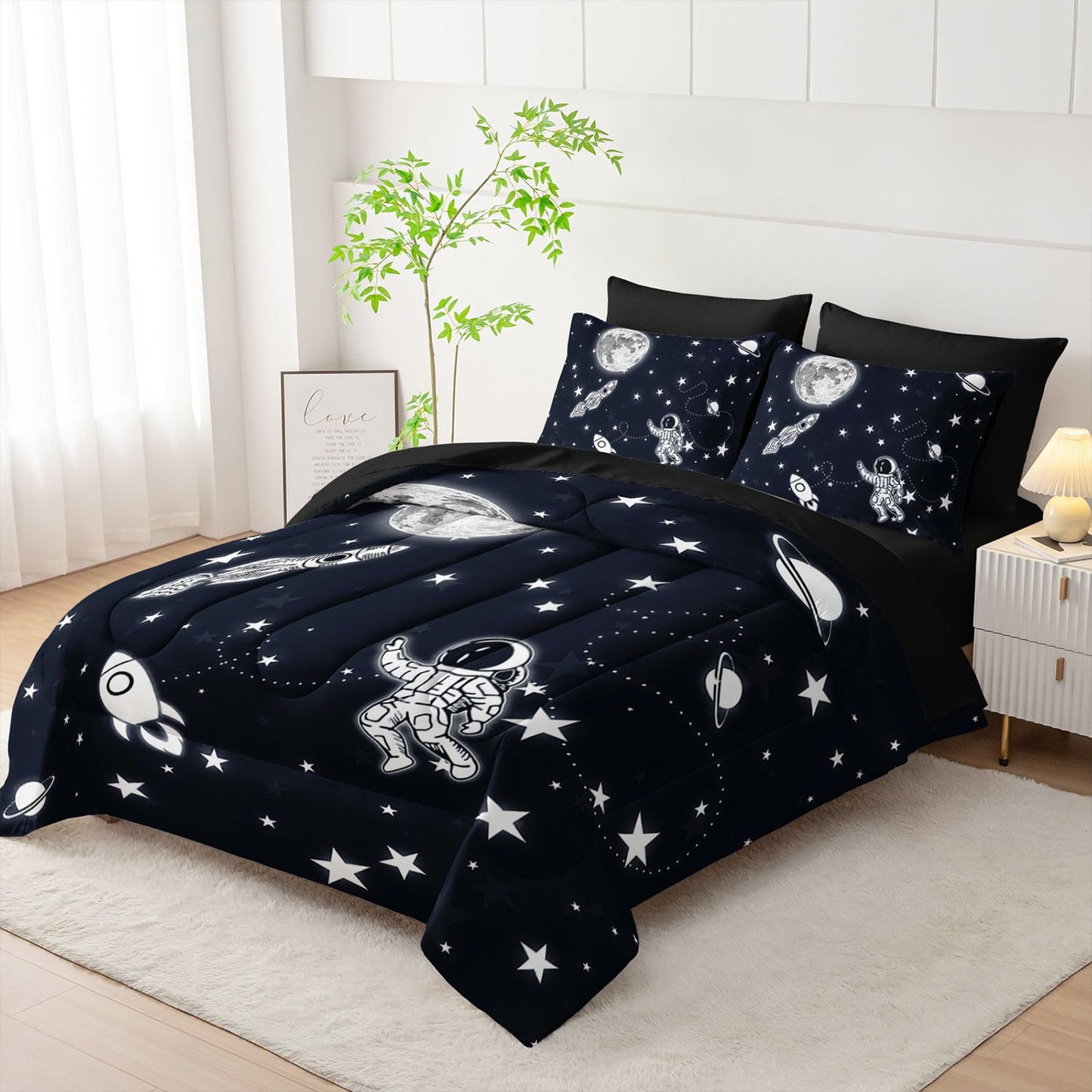 Smell Sunshine 7Pcs Space Comforter Set3D Space Rocket Planets Printed Bedding Set with 1 Comforter, 1 Flat Sheet, 1 Fitted Sheet and 4 Pillowcases for Boys and Girls Bedroom (Rocket Twin