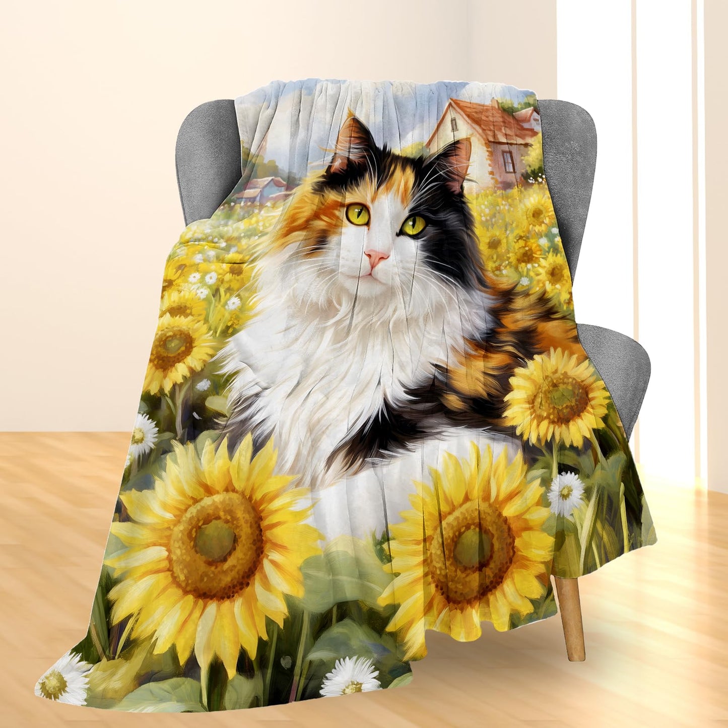 Ti Caldi Adorable Cat & Sunflower Blanket, Soft Fuzzy Flannel Throw Blanket for Couch, Bed, Travel & Home Decor, Lightweight Cozy Warm Blankets for Adults Kids Men Women 60×50 in