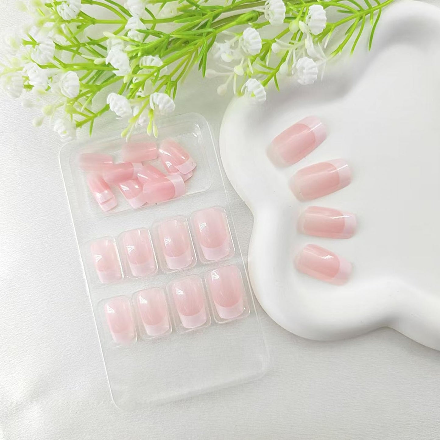 Medium Press on Nails Square White French Tip False Nails with Glitter Design Cute Fake Nails Light Pink Full Cover Nails Press ons Glossy Glue on Nails for Girls and Women 24Pcs
