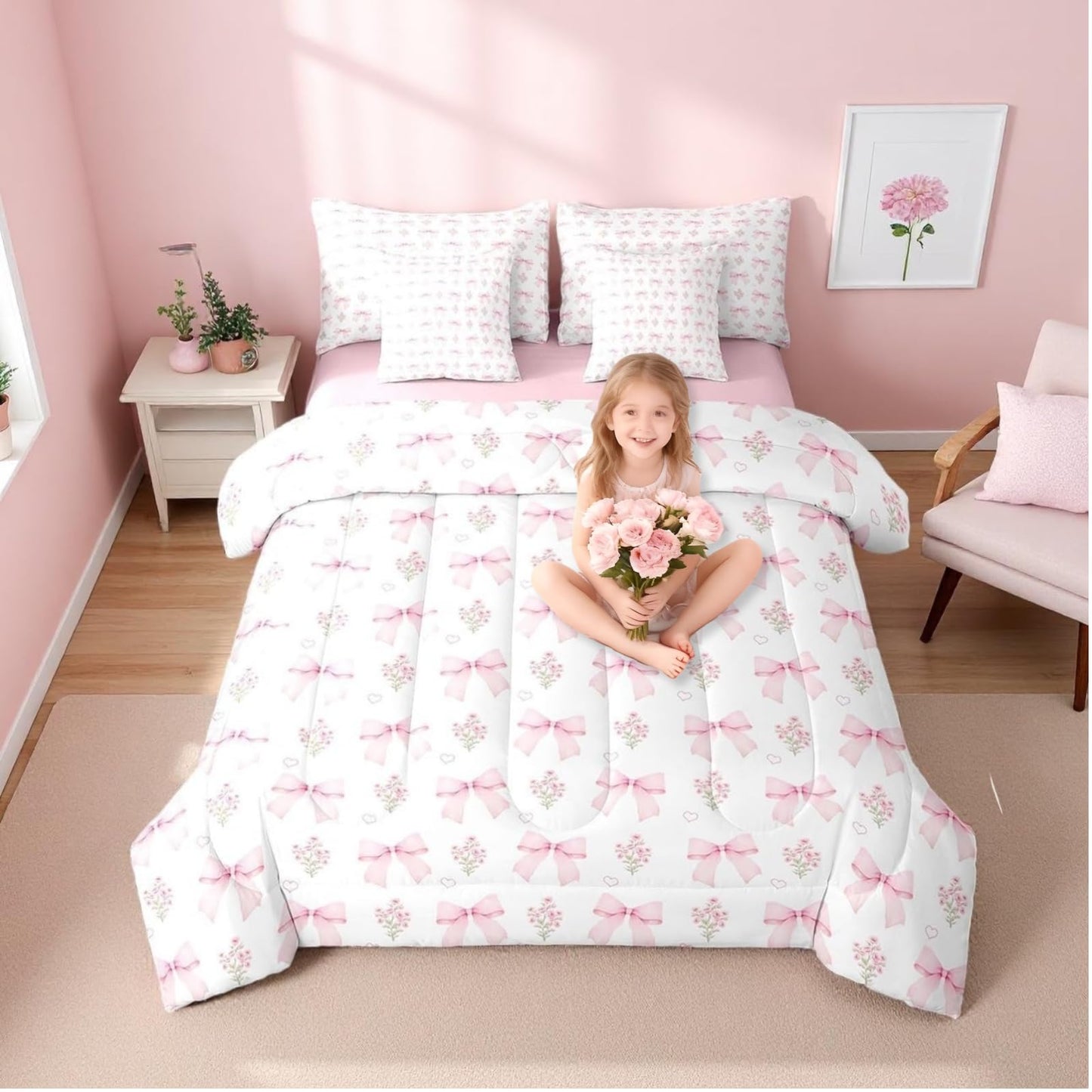 Erosebridal Bow 7 Piece Comforter Set King Bed in a Bag for Girls Kids,Girly Pink Floral Coquette Comforter,Heart Shaped Bow Ties Bedding Sets Dreamy Princess Style Bowknot Sheet Set with Comforter