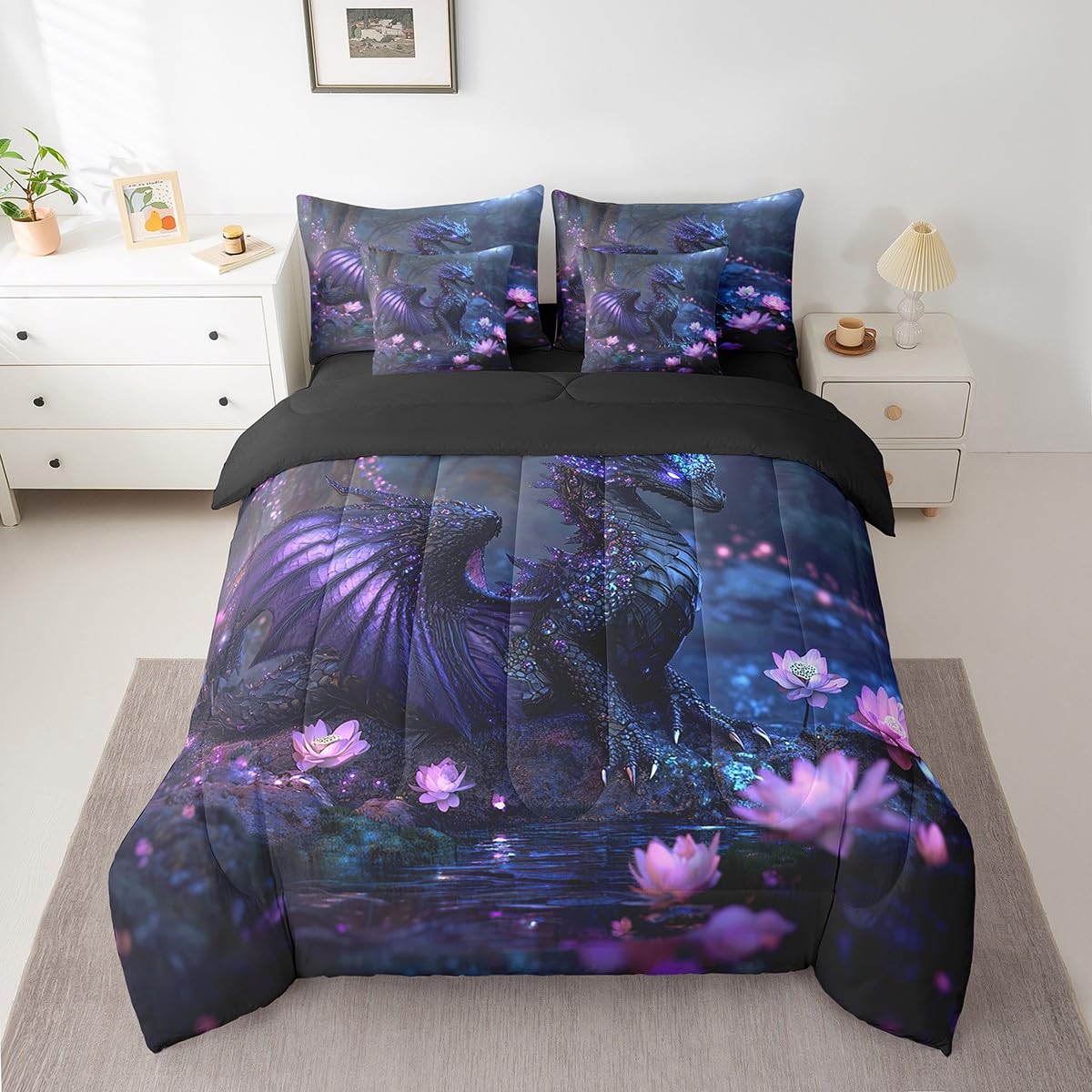 Feelyou Dragon Comforter Set with Sheets Twin Size Dragon Stuff Bed in a Bag for Boys Girls Teens Wild Life 7 Pieces Bedding Set Flower Bed Set Room Decor Black Purple