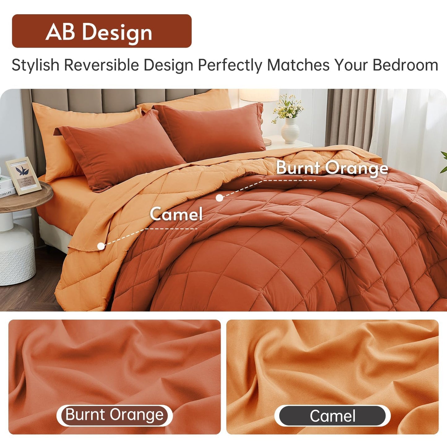 MUXHOMO 7 Pieces California King Comforter Set, Reversible Bed in a Bag Cal King Size, All Season Bedding Set with Comforter, Flat Sheet, Fitted Sheet, Pillowcases & Shams, Burnt Orange & Camel