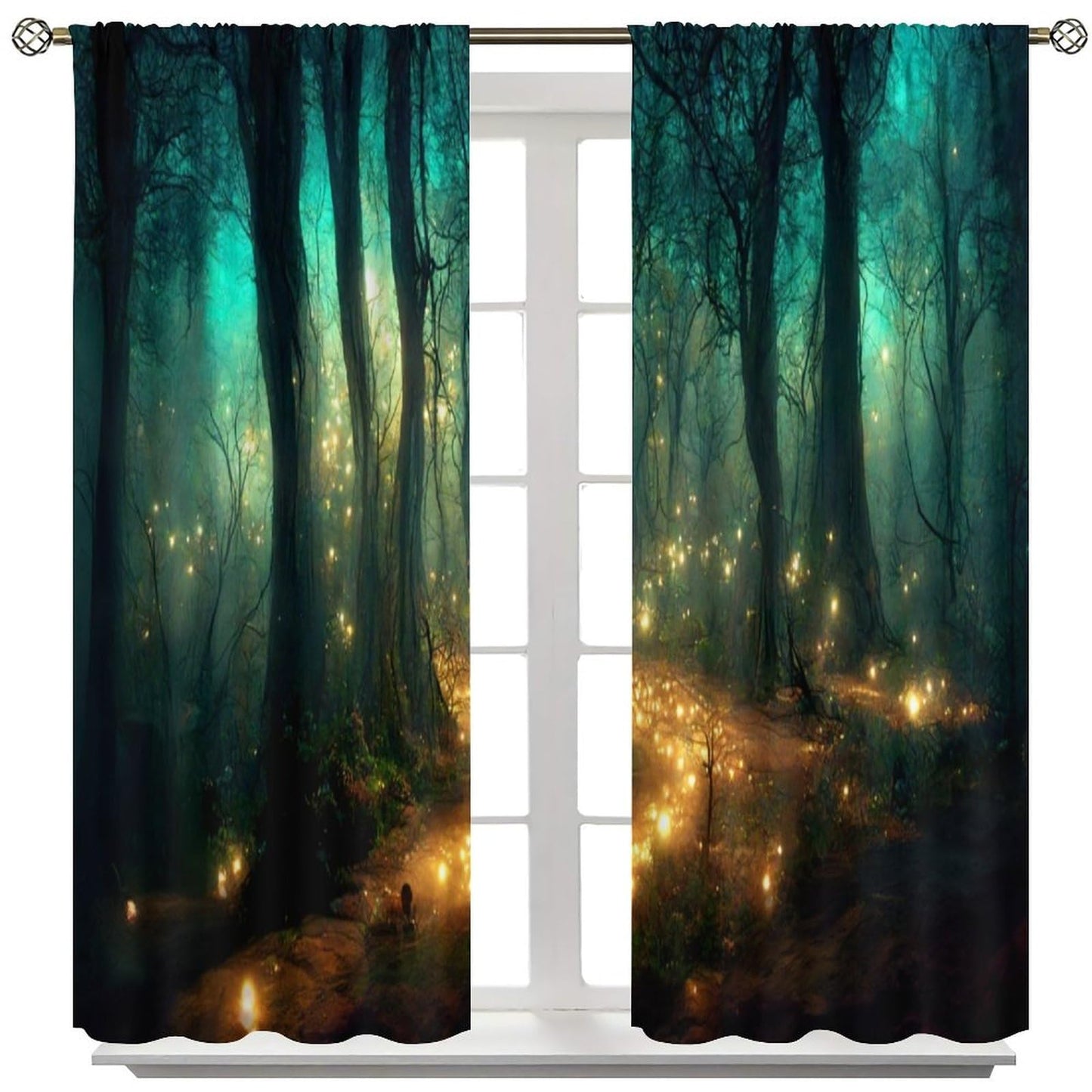 SHElifestyle Fantasy Forest Curtains, Enchanted Trees Dreamy Mist Gothic Forest Glowing Lights Landscape Window Treatments Drapes for Bedroom Living Room W42 X L45