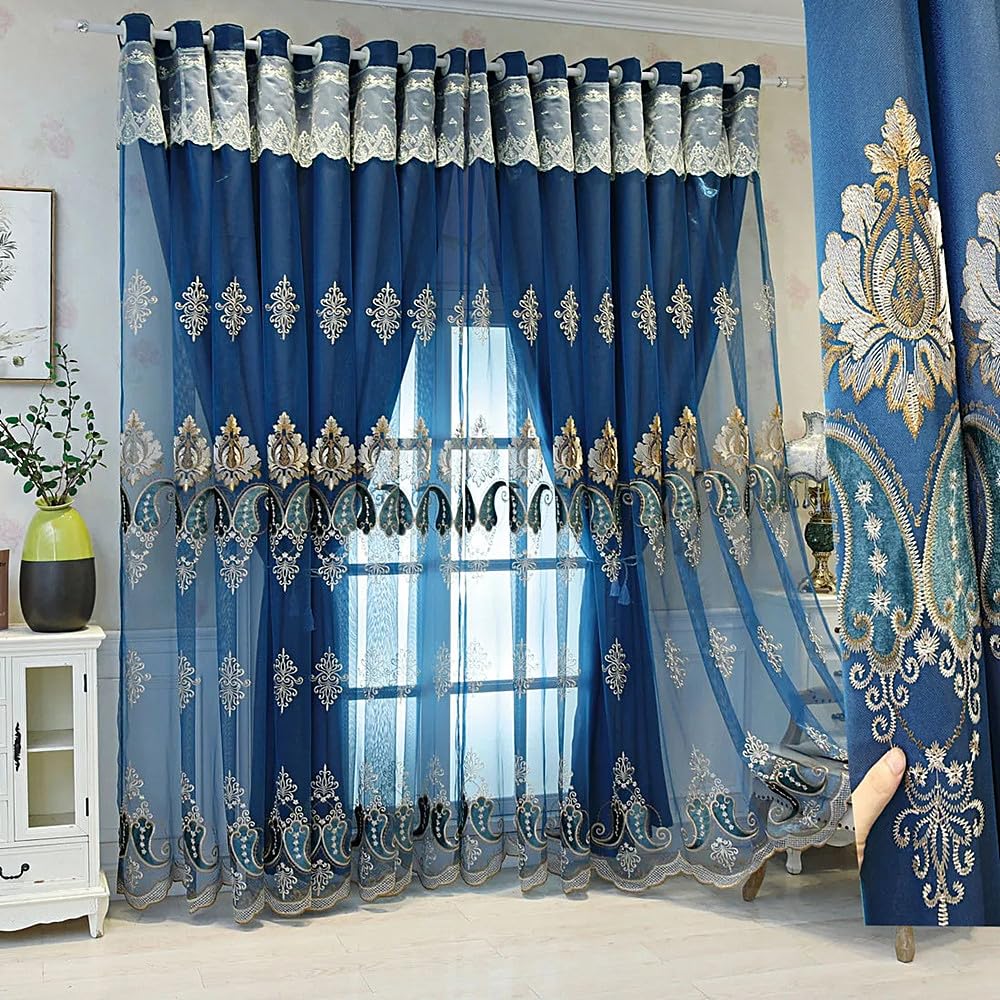 Amidoudou 1 Pair European Double Layer Curtains with Valances for Living Room Bedroom Luxury Embroidered Curtains (Blue,63x84 Inch)