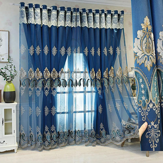 Amidoudou 1 Pair European Double Layer Curtains with Valances for Living Room Bedroom Luxury Embroidered Curtains (Blue,63x84 Inch)
