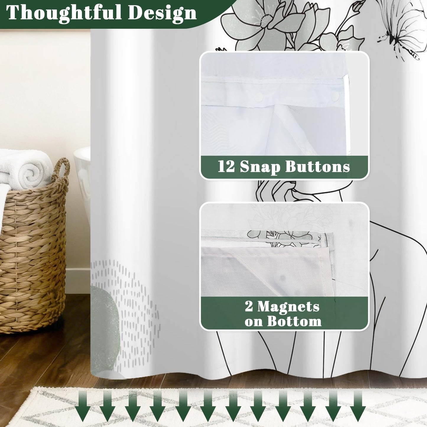 Xiazhilaio Minimalist Artistic No Hook Shower Curtain with Snap in Liner