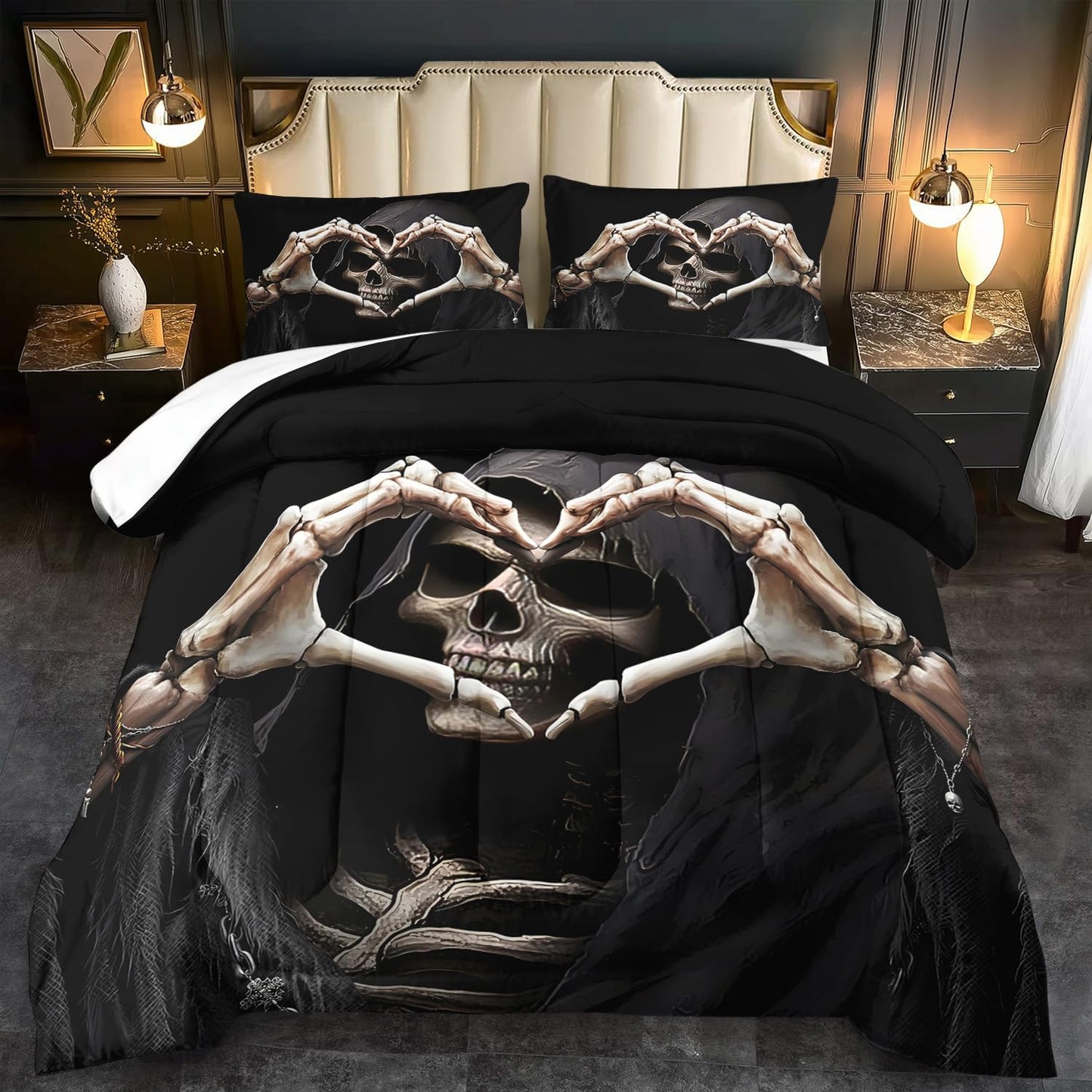llyxsesty Black Skull Comforter Set Queen Black Goth Comforter Sets for Couple Skull Bedding Girls Medieval Bedding Goth Room Decor Love Heart Bed Quilt Love Home Decor