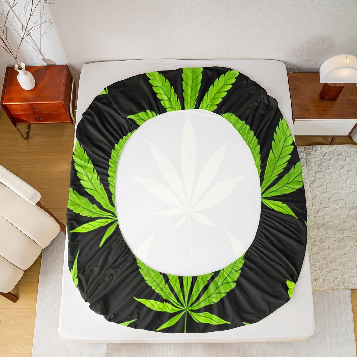 Erosebridal Boho Plant Leaves Fitted Sheet, Adult Bohemia Leaves Bed Sheet, Exotic Leaves Rustic Bedding Set Full Size, Soft Microfiber Bed Cover Wrinkle Bedclothes, Green Black(No Top Sheet)