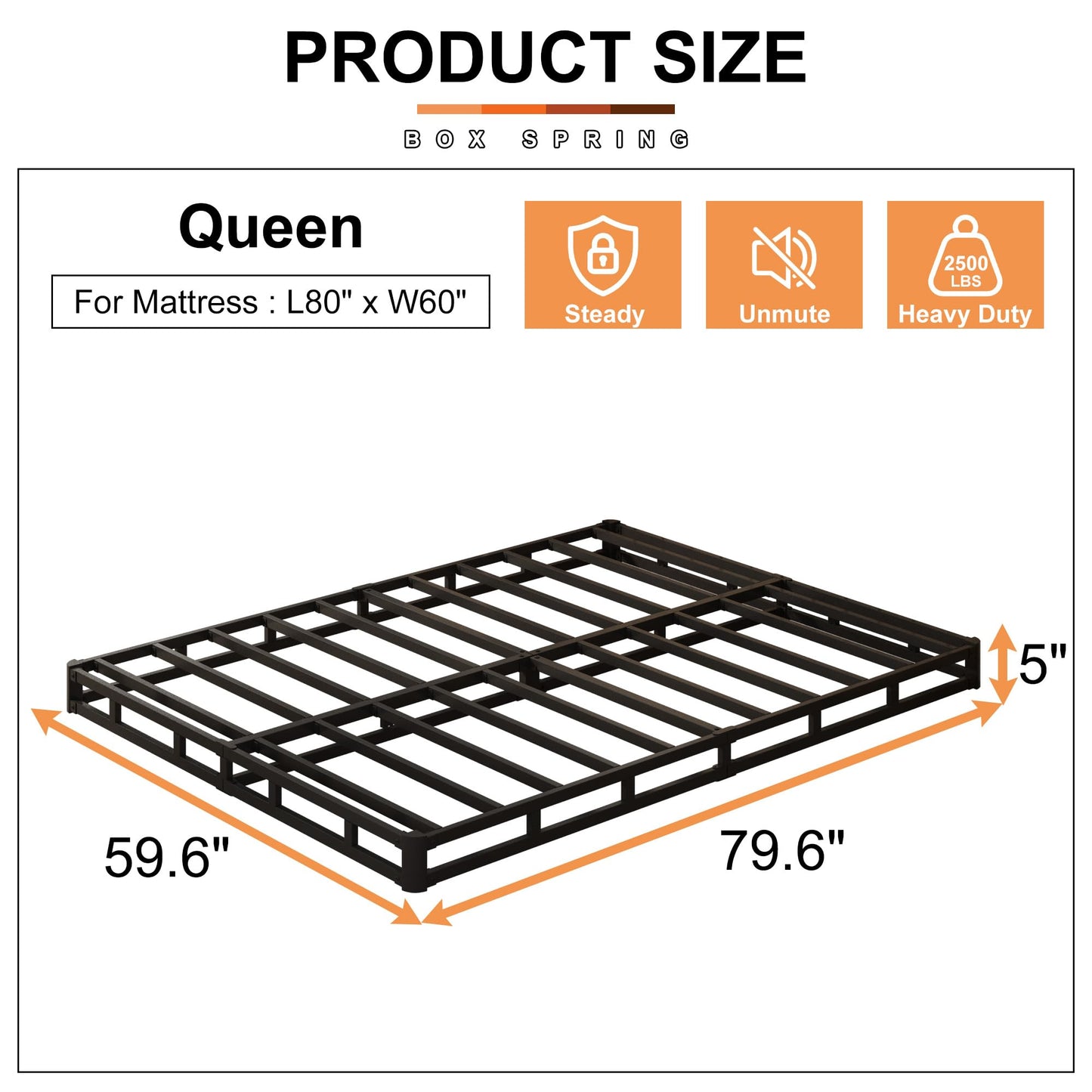 EMODA 5 Inch Box Spring Queen Size Bed Base, Heavy Duty Metal Queen Mattress Foundation with Fabric Cover, Easy Assembly, Black