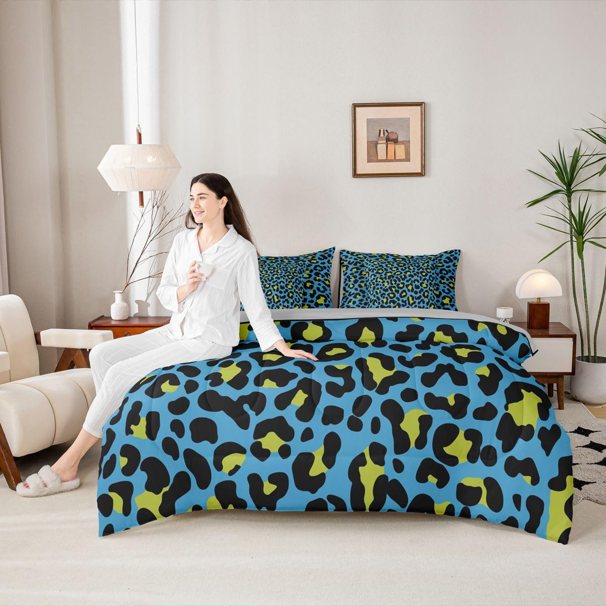 Erosebridal Leopard Print 7-Piece Boys Comforter Set King Size Western Cheetah Bedding Set Blue Leopard Decor Bed in A Bag African Safari Animal Sheets for Kids Teens Adult Men Bedroom Decor