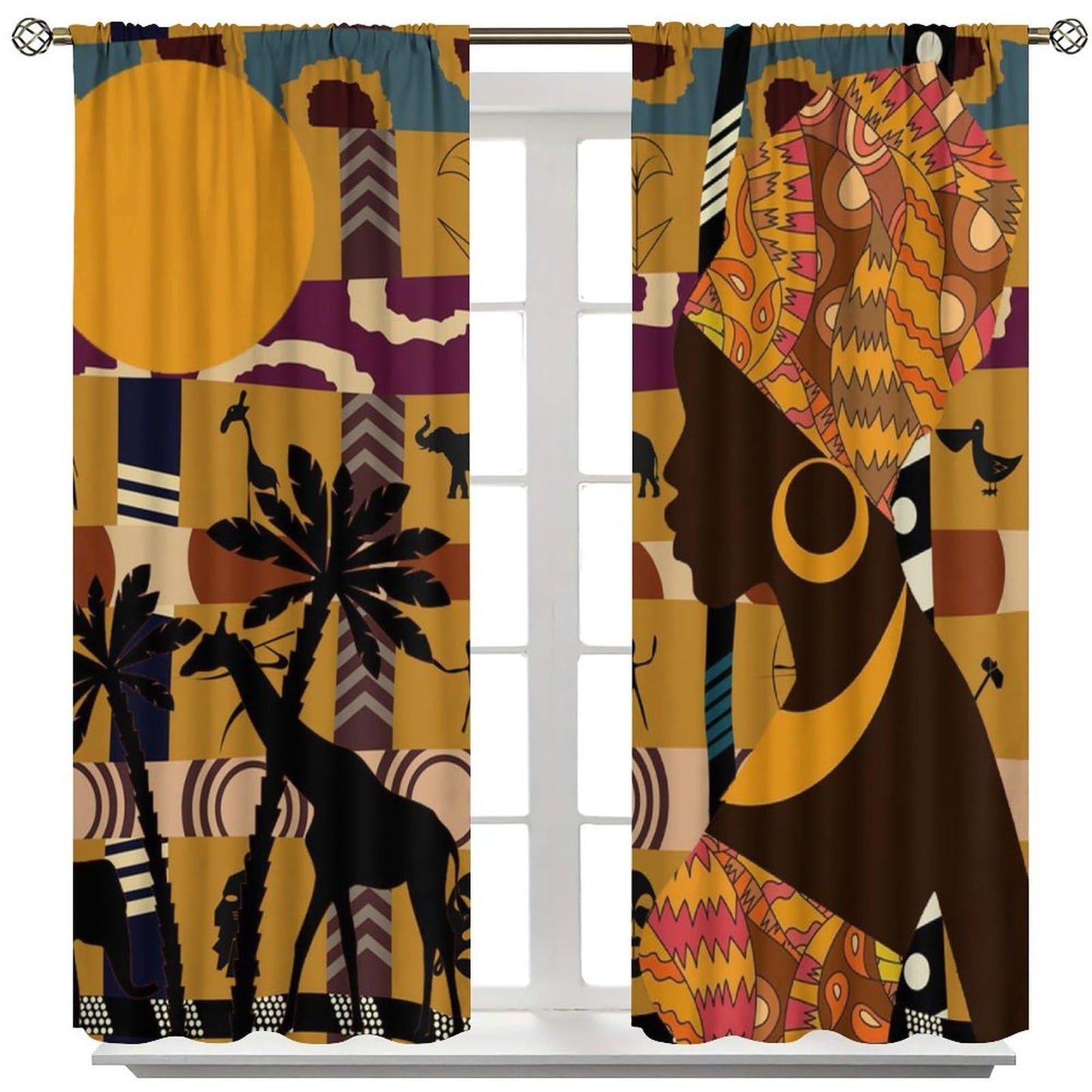 JESTRONRY Black Girl Curtains for Living Room,African Woman Window Treatments Kids Bedroom Curtain,Tropical Landscape Style Home Decor Blackout Drapes W42xL45in