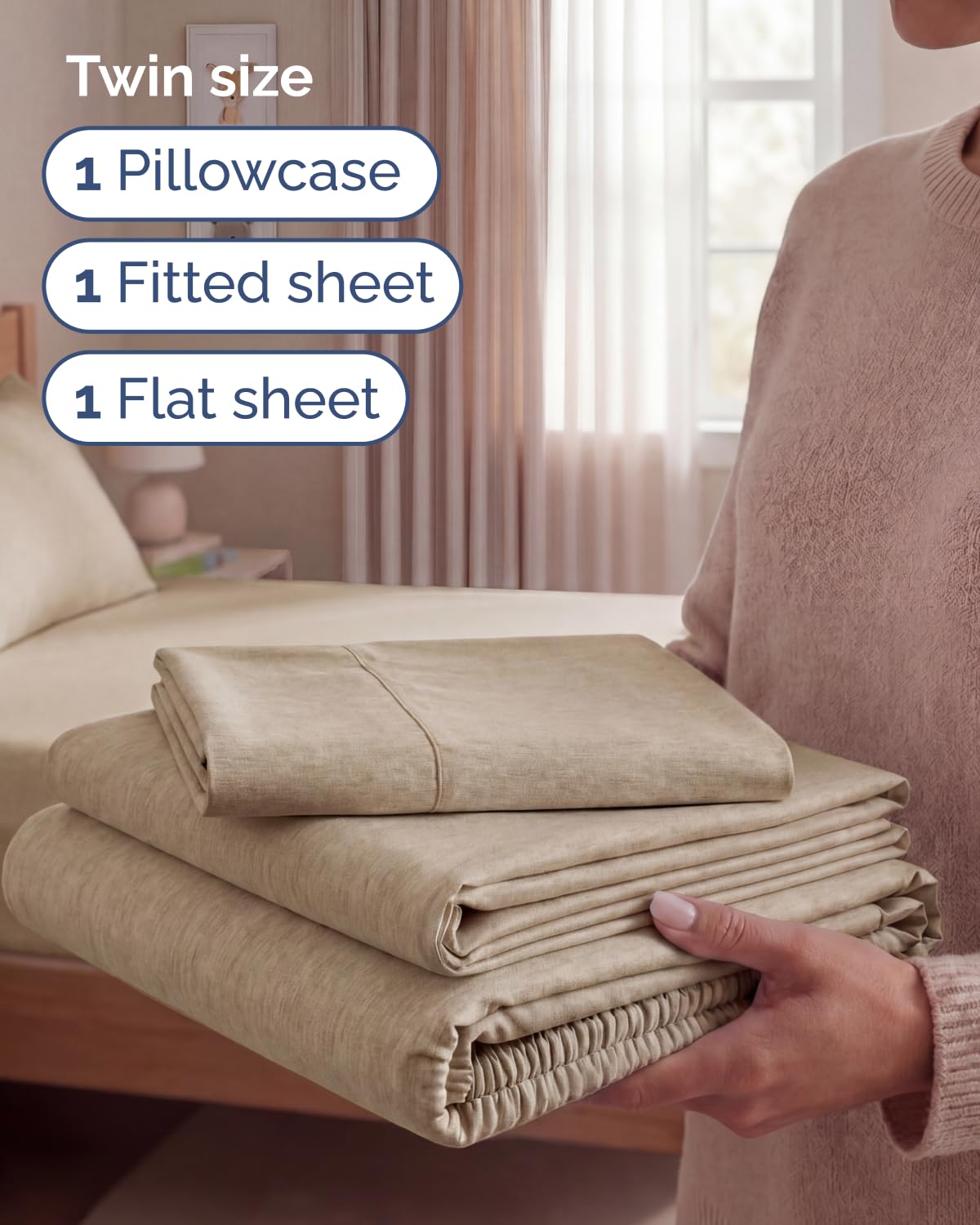 Twin Size 3 Piece Sheet Set - Comfy Breathable & Cooling Sheets - Hotel Luxury Bed Sheets for Women & Men - Deep Pockets, Easy-Fit, Soft & Wrinkle Free Sheets - Heathered Beige Oeko-Tex Bed Sheet Set