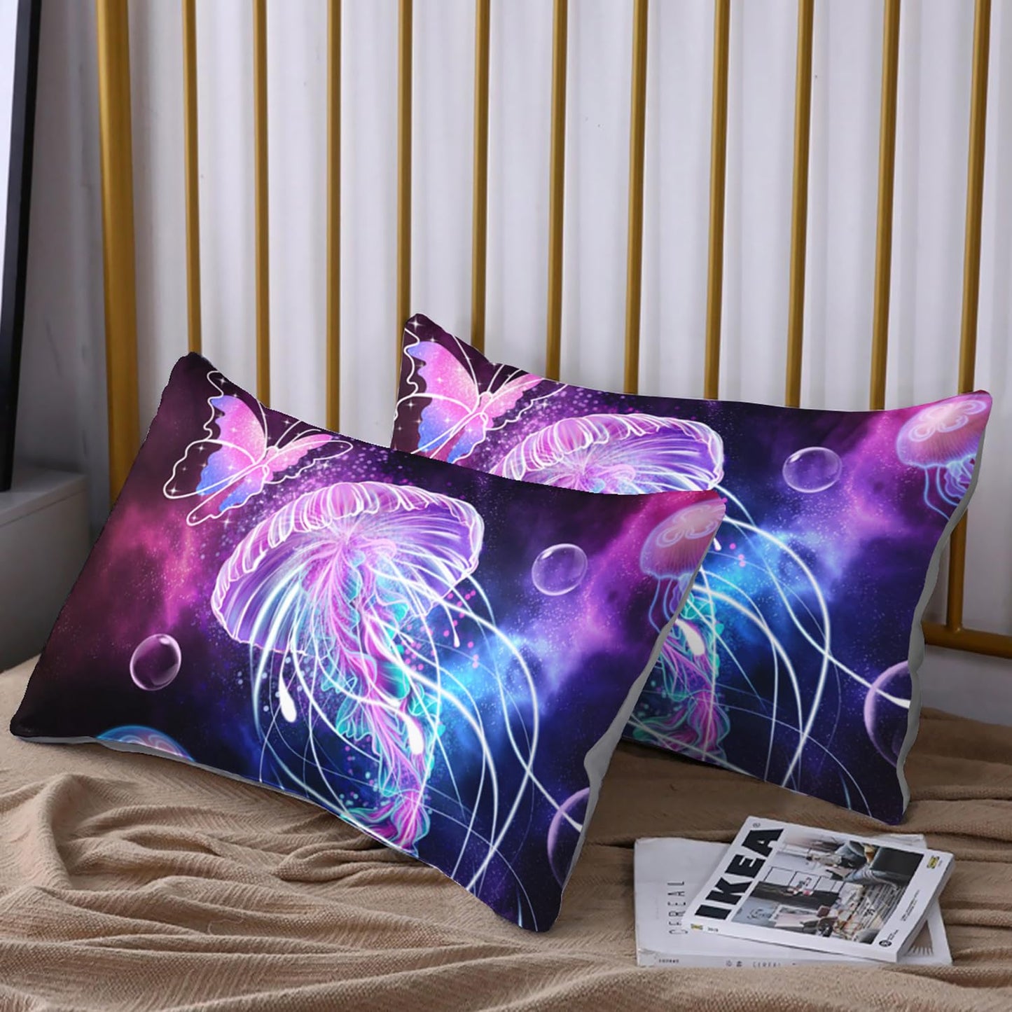 HOSIMA Jellyfish Printed Fitted Sheet Ocean Beach Theme Bedding Set 3 Piece,Universe Starry Sky Twin Bed in a Bag Set for Adults Kids Galaxy Bedding Room Decor Butterfly Bed Set.