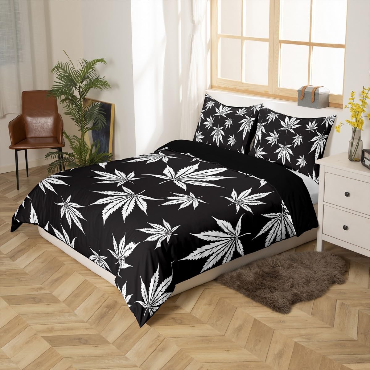 Cannabis Leaf Duvet Cover Black White Marijuana Leaf Printed Comforter Cover King Size Marijuana Weed Leaf Bedding Set Stylish Simple Smoky Trippy Leaves Quilt Cover Gothic Nature Plants Bedspread