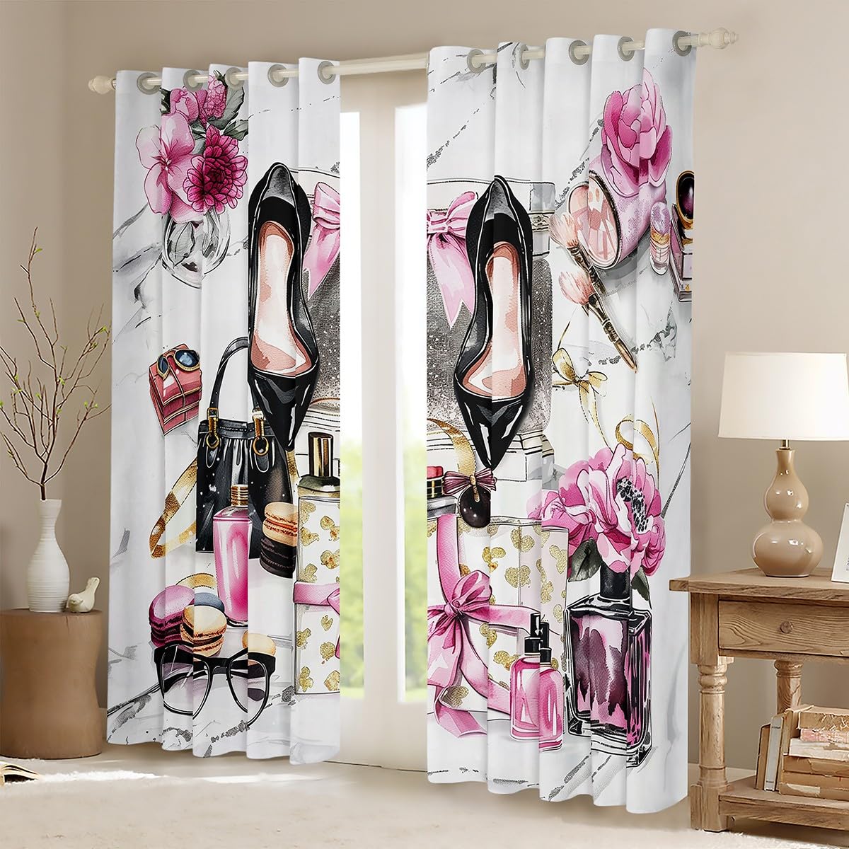 Erosebridal Pink Blackout Curtains Cute Flower Girly Window Curtains 42"x63" Bow Coquette Sweet Window Treatments Modern Magazine Silver High Heel Girls Women Makeup Romantic Fantasy Room Decor