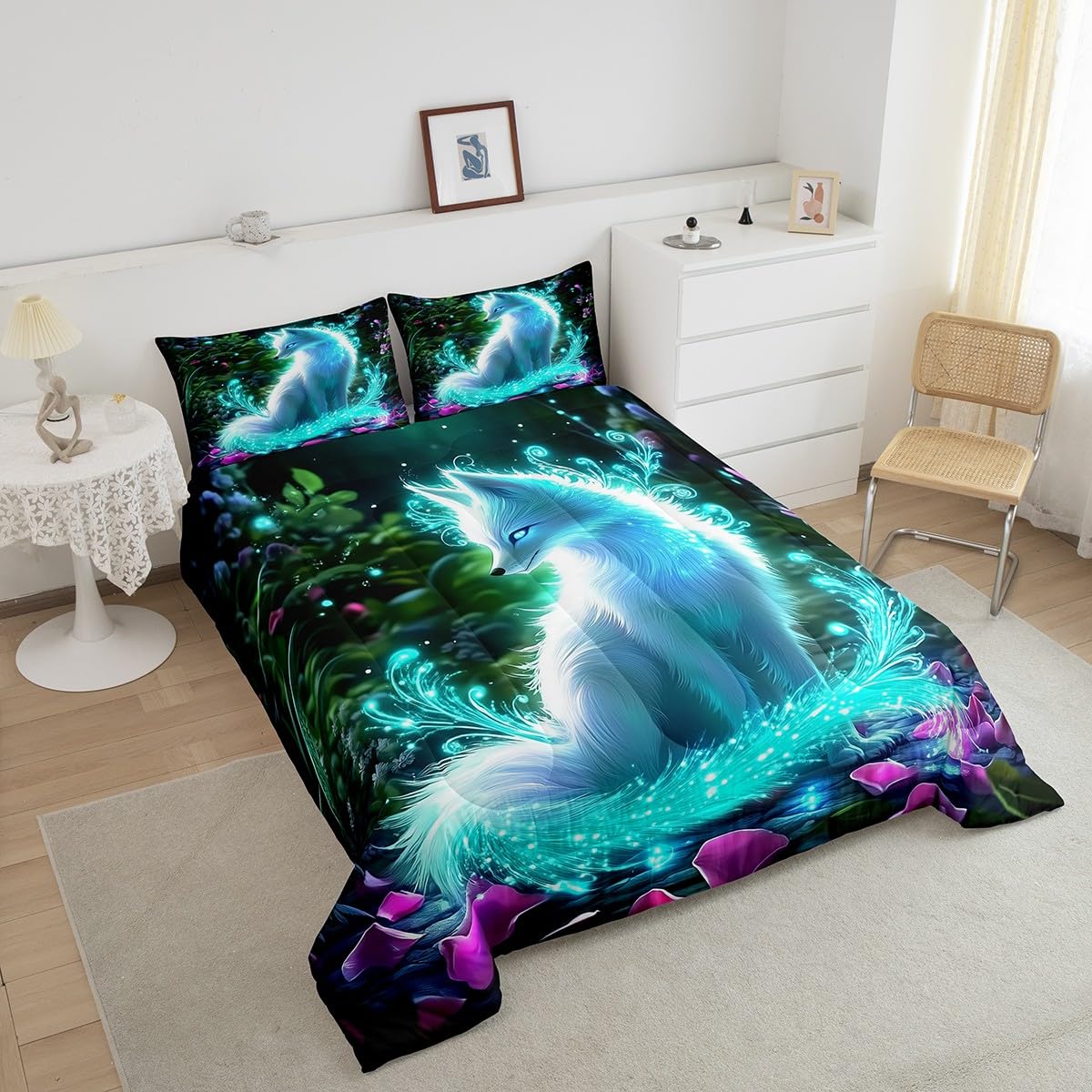 Feelyou Fox Comforter Set Twin Size Kids Cute Cartoon Fox Bedding Set for Boys Girls Teens Glitter Animal Comforter Breathable Woodland Fox Duvet Set Nature Wildlife Quilt Set