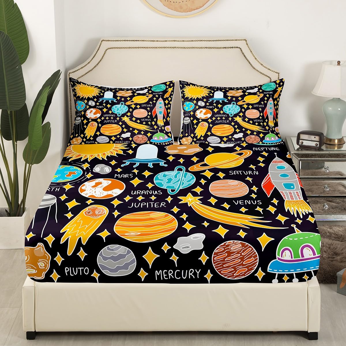 Outer Space Bed Sheet Set Twin, Solar System Fitted Sheet for Kids Planet Solar System Bedding Set Boys Girls Educational Bed Cover Bed Set 2Pcs (No Flat Sheet)