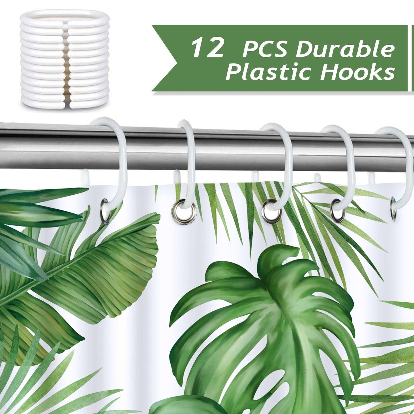 Bonhause Tropical Leaves Shower Curtain Green Palm Monstera Leaf Decorative Bath Curtain 72 x 72 Inch Polyester Fabric Waterproof Bathroom Curtain with 12 Hooks