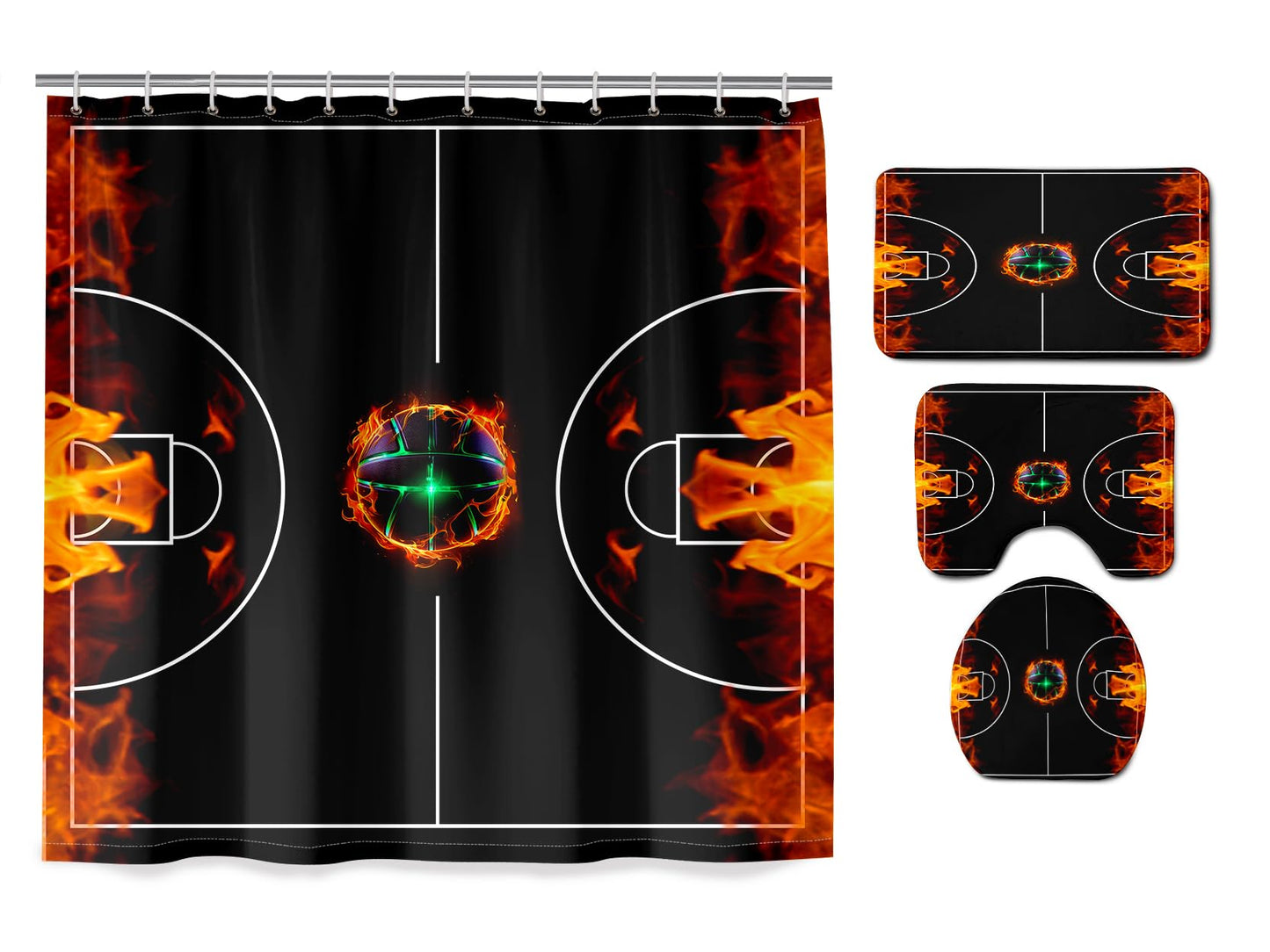 JPSBJWJ 4 Pcs Basketball Court Bathroom Set - Black Basketball Shower Curtain Sets Cartoon Sports Shower Curtain with Rug,Toilet Cover,U Shaped Mat and 12 Hooks