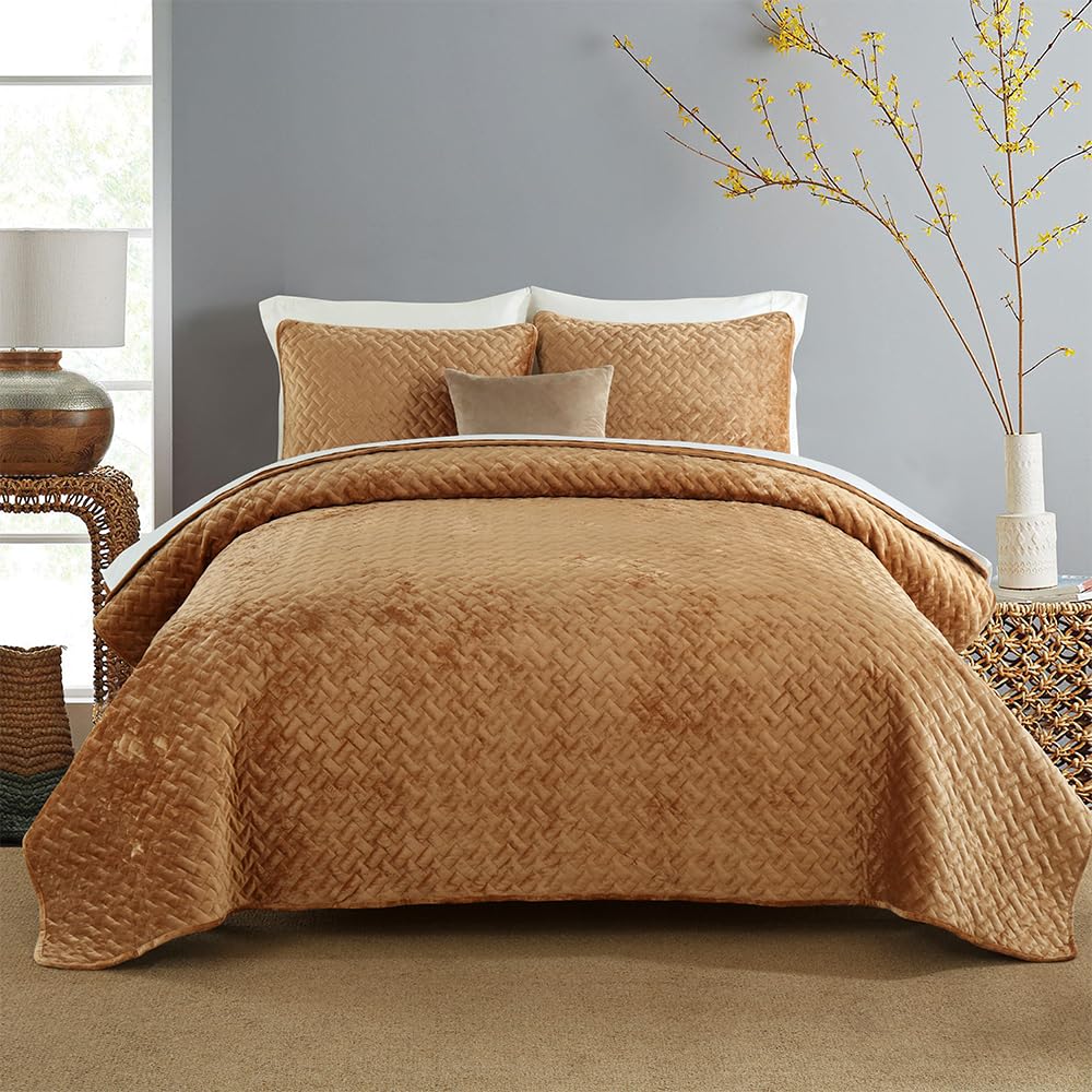 Liians Velvet Bedspread Quilt Bedding Sets,Luxury Elegant Ultra Soft Velvet Comforters Coverlet Blankets,Weave Stitching Pattern Cotton Quilted Bedspread for All Seasons,Taupe,King Size