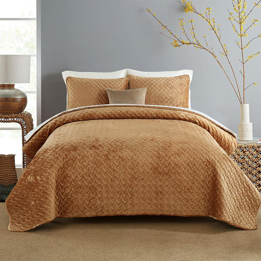Liians Velvet Bedspread Quilt Bedding Sets,Luxury Elegant Ultra Soft Velvet Comforters Coverlet Blankets,Weave Stitching Pattern Cotton Quilted Bedspread for All Seasons,Taupe,King Size