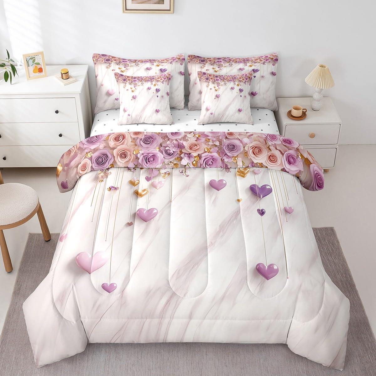 Erosebridal Valentines Day Queen Bed in a Bag 7 Piece - Romantic Purple Pink Rose Floral Comforter Set with Sheets for Kids Adults Couple Bedroom Decor Love Bedding Sets with Fitted + Flat Sheet