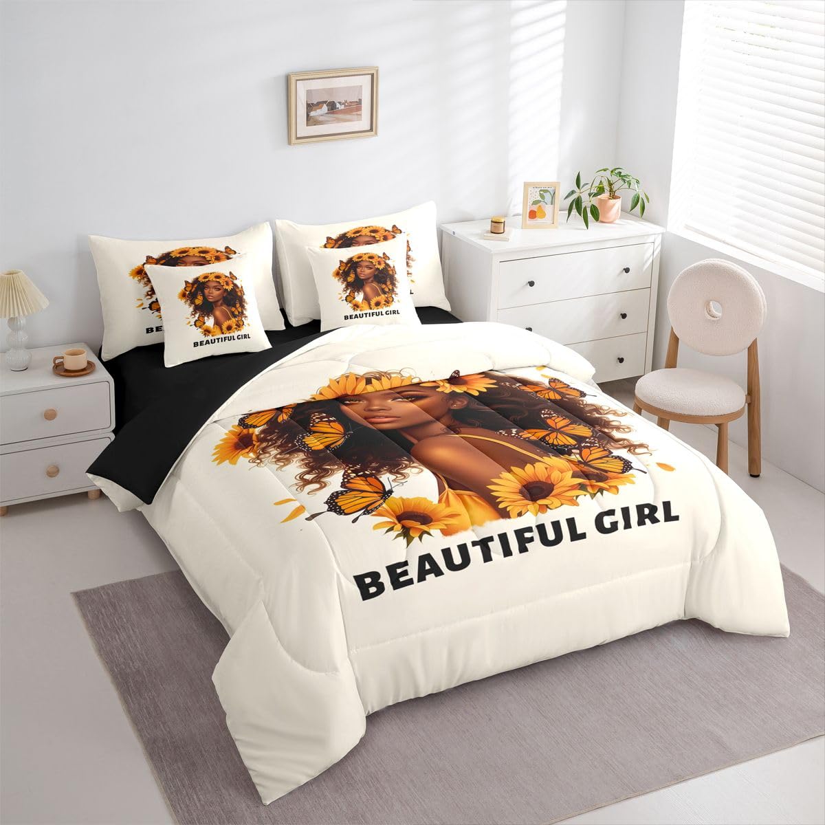 Erosebridal Beautiful Black Girls Queen Bedding Set Vibrant Sunflower Comforter Set with Flat and Fitted Sheet Teen Women Cute Butterfly 7-Piece Bed in a Bag Minimalist Art Quilt Sets