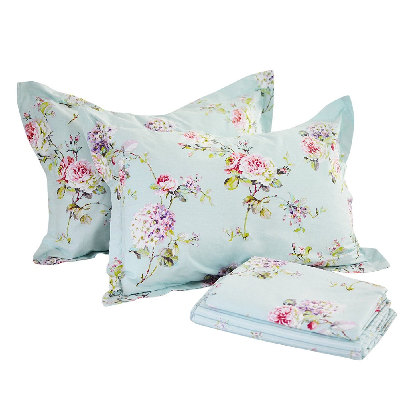 FADFAY Sheet Set King Farmhouse Bedding Rose and Hydrangea Flower Printed 100% Cotton Blue Floral Bed Sheet Shabby Vintage Deep Pocket Fitted Sheet 4-Pieces King