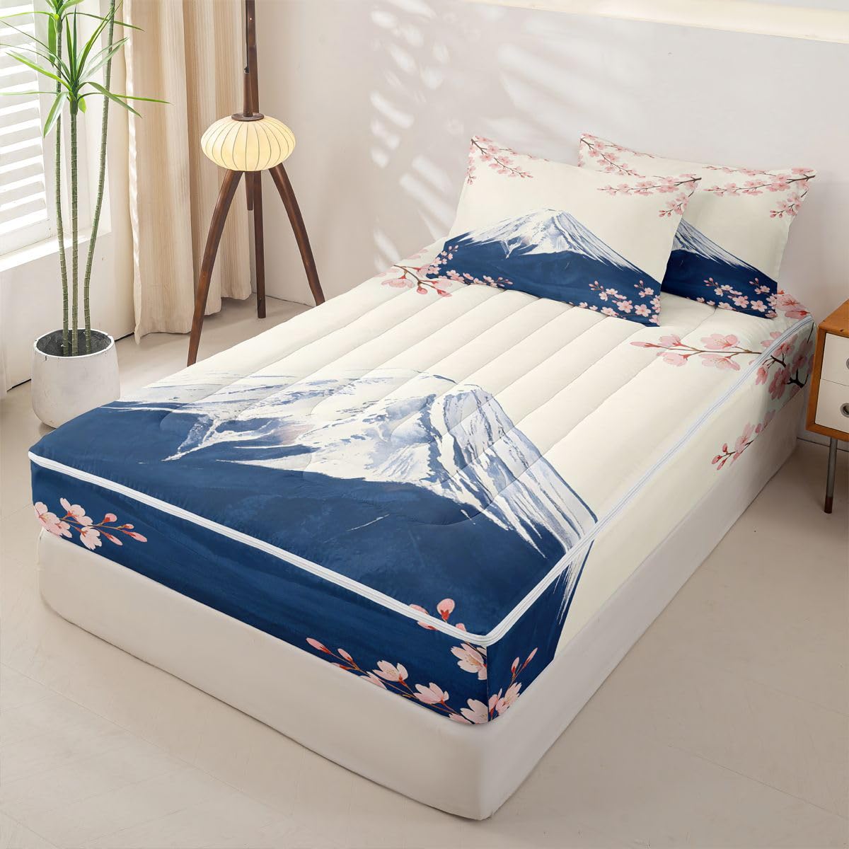 Feelyou Japanese Zipper Bedding Full Cherry Blossom Zipper Bedding Sets for Kids Boys Girls Mount Fuji Japan Comforter Set with Fitted Sheet and 2 Pillowcases Bedroom Decor