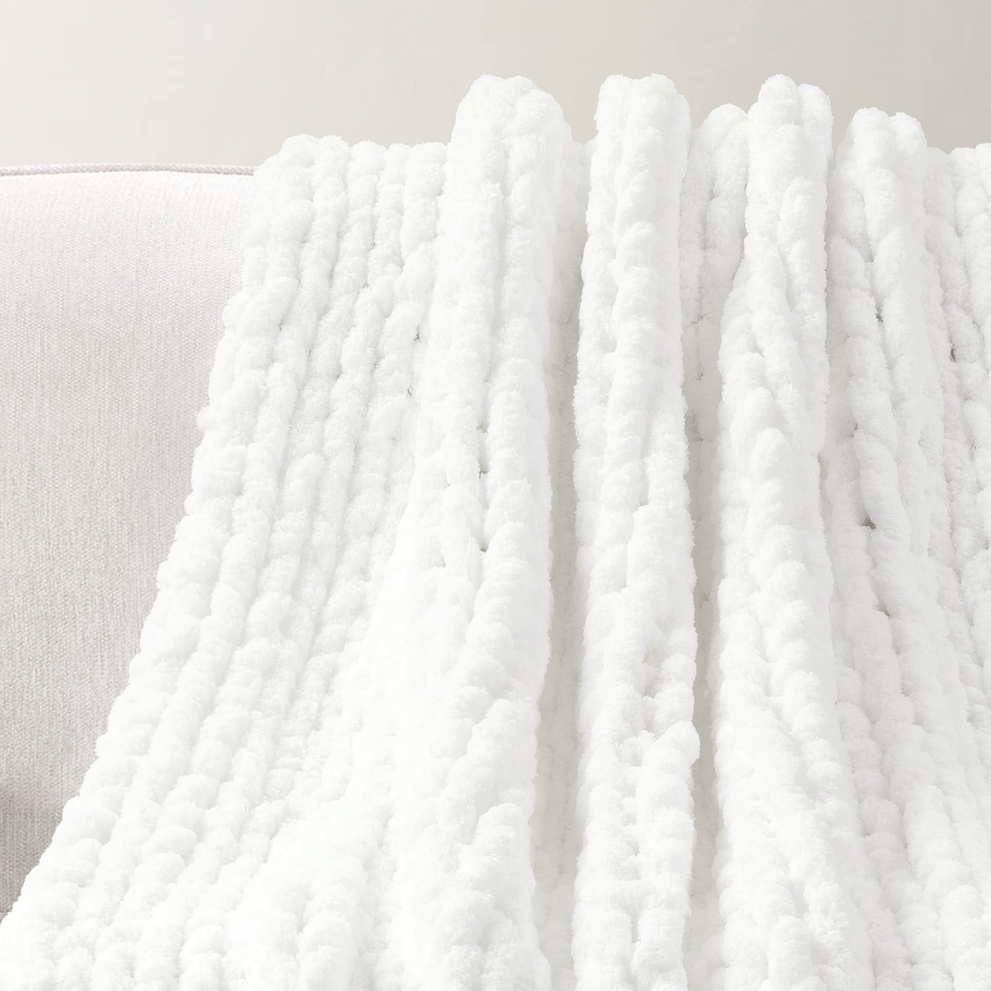Lush Decor Hygge Ultra Soft Cozy Chenille Chunky Knit Throw Blanket Single 40" W x 72" L White - White Throw Blankets for Bed - Cozy Couch Blanket