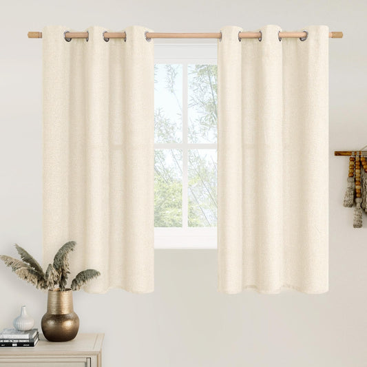 LAMIT 48 Inch Short Linen Curtains for Windows, Grommet Light Filtering Curtains Privacy Protected Window Drapes for Kitchen/Bedroom/Bathroom, Set of 2 Panels, Light Beige, W42 x L48