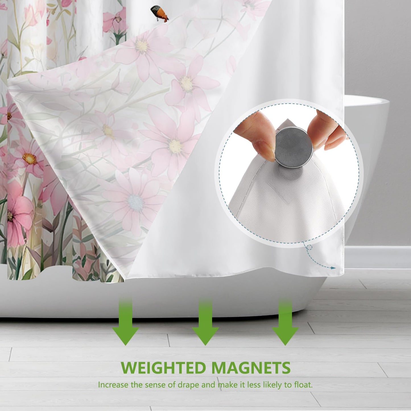MEHOFOND Pink Flower No Hook Shower Curtain with Snap in Liner, Spring Watercolor Floral Plant Shower Curtain,See Through Mesh Top Window,Waterproof Fabric Flowers Hotel Shower Curtain Set 71" x 74"