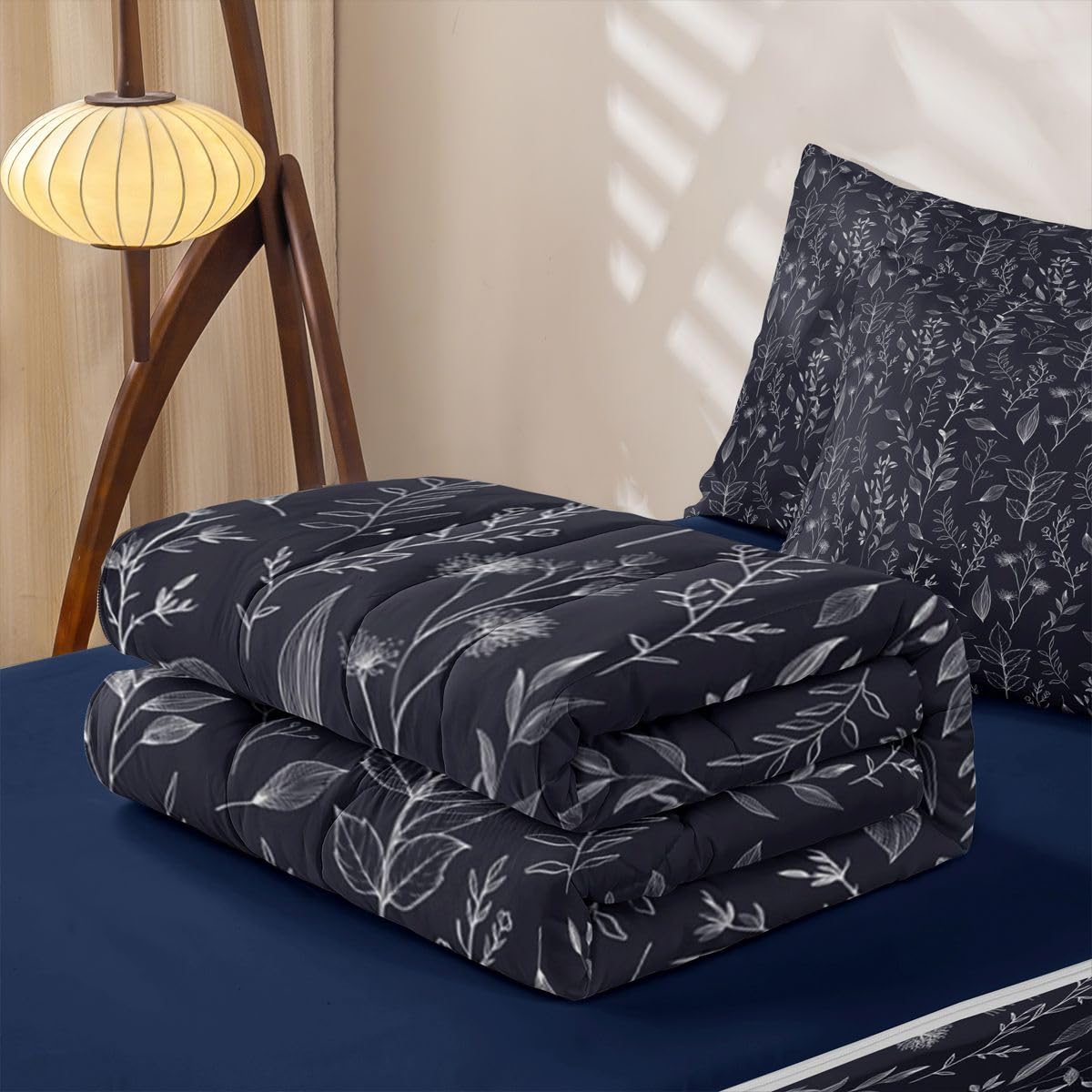 Feelyou Black Floral Zipper Bedding Twin Botanical Bedding Sets for Kids Boys Girls Bohemian Wildflower Comforter Set with Fitted Sheet 2 Pillowcases Boho Flower One Zipper Bed Set for All Seasons