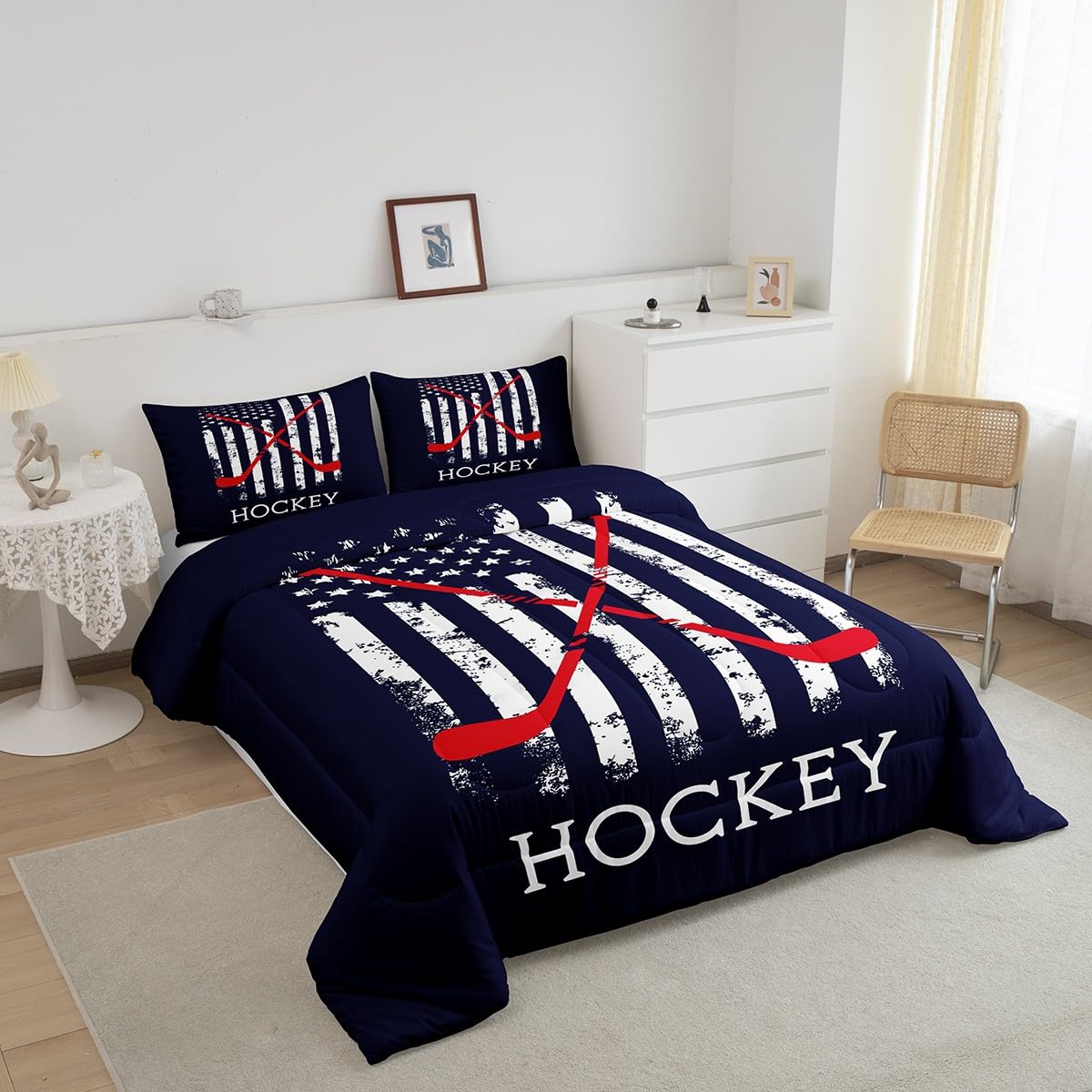 Homewish Hockey Comforter Set,American Flag Bedding Set for Kids Girls Women,Adults Ice Hockey Comforter,Red Blue White Quilted Duvet Set Bedroom Collection Twin Size 2Pcs
