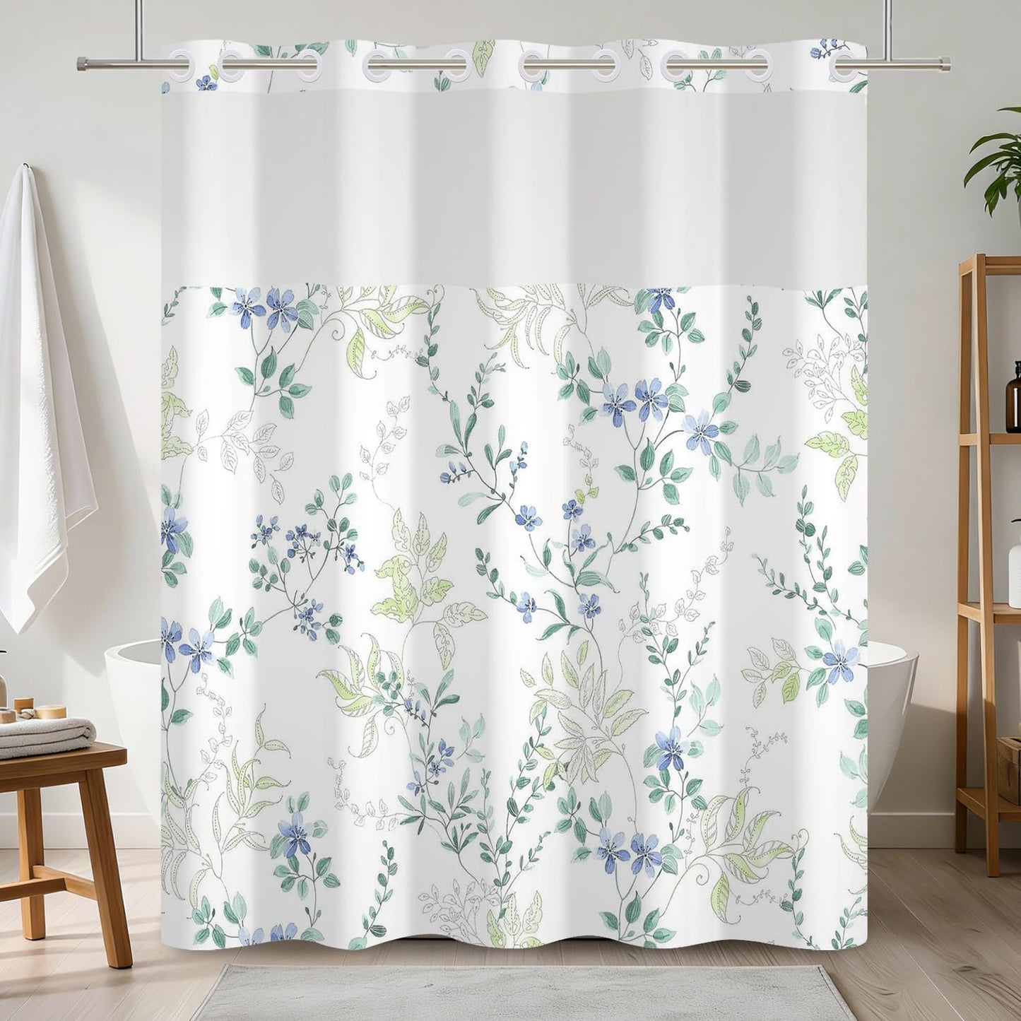 NAEMBCU No Hook Floral Shower Curtain with Snap in Liner 71x74 Inch