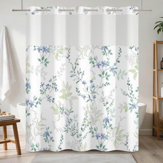 NAEMBCU No Hook Floral Shower Curtain with Snap in Liner 71x74 Inch