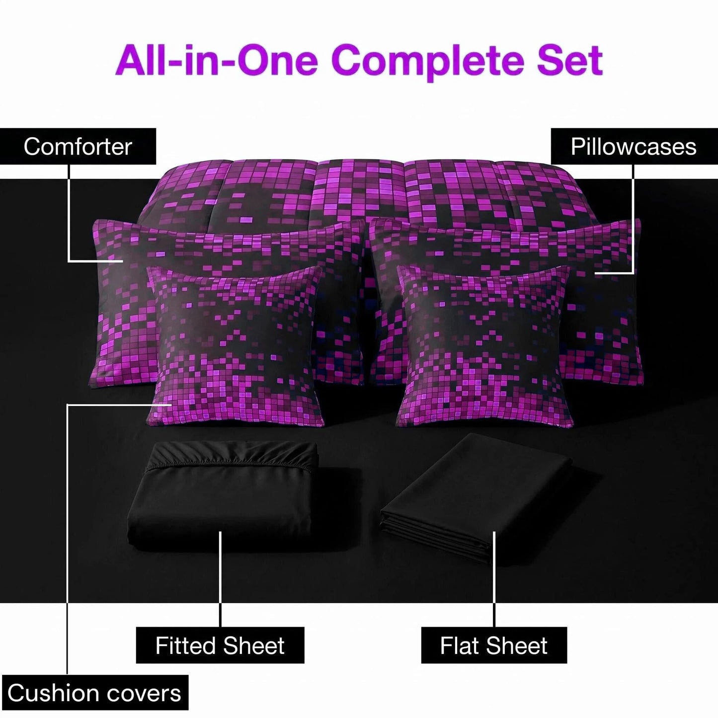 Feelyou Purple Black Retro Pixel Art Comforter Set with Sheets 7 Piece Twin Size Gaming Room Bed in a Bag Kids Boys Girls Retro Pixel Bedding Set Gamer Room Decor Bedroom Decor Microfiber