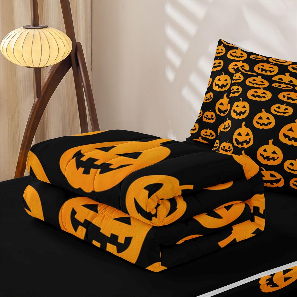 Feelyou Spooky Pumpkin Zipper Bedding Sets for Kids Boys Girls Halloween Themed Queen Comforter Set with Fitted Sheet Trick or Treat Bedroom Decor Graveyard Microfiber with 2 Pillow Cases