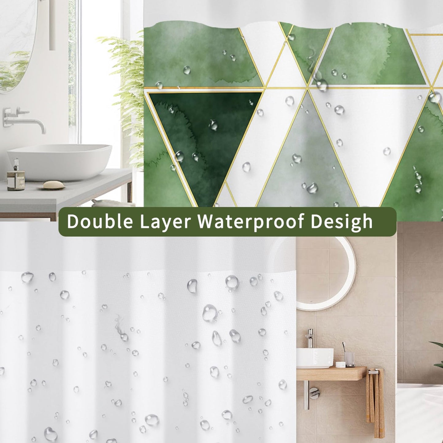 NAEMBCU Green Geometric No Hook Shower Curtain with Snap in Liner Set 71x74